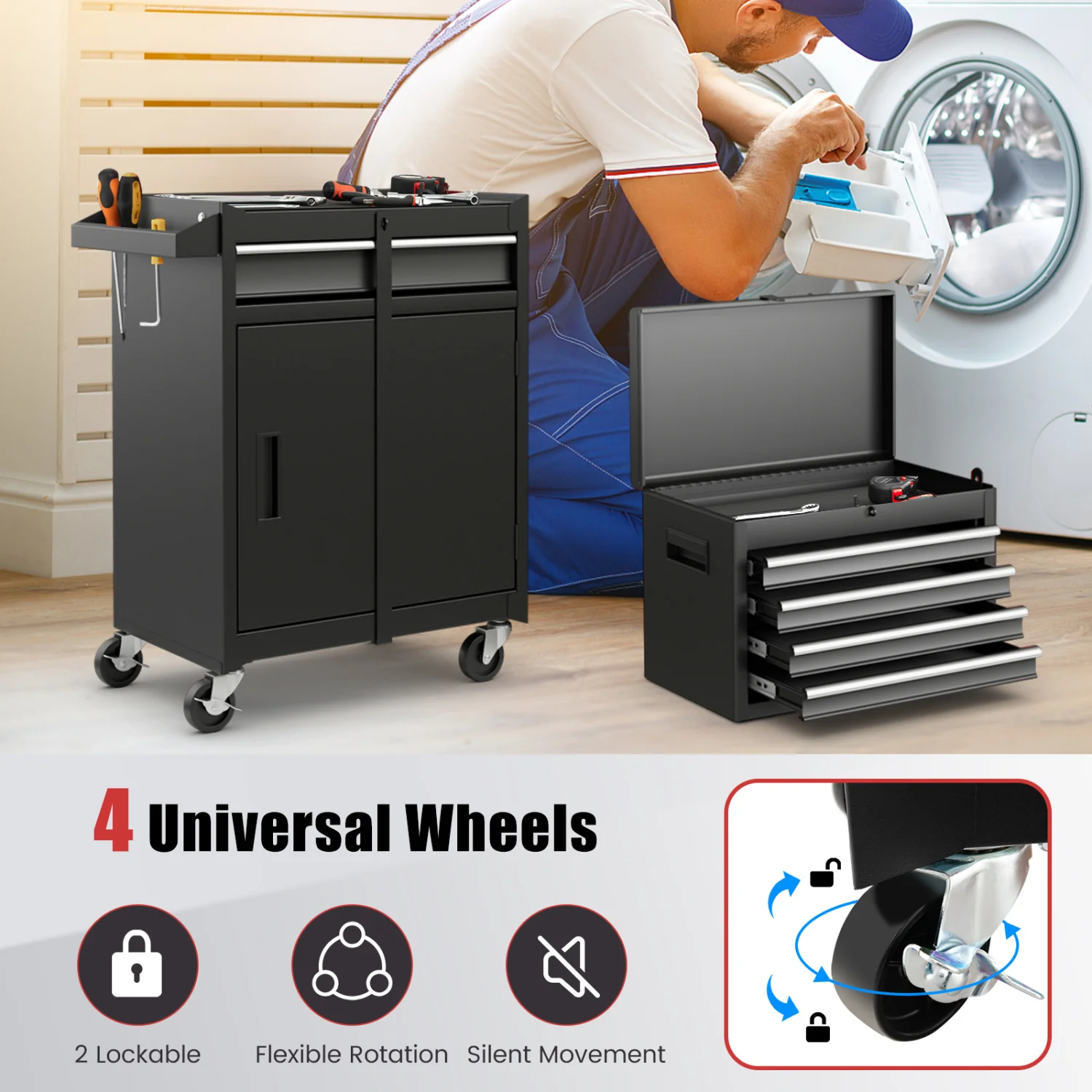 2-in-1 Tool Chest Cabinet, 5 Sliding Drawers, Black - Image 10