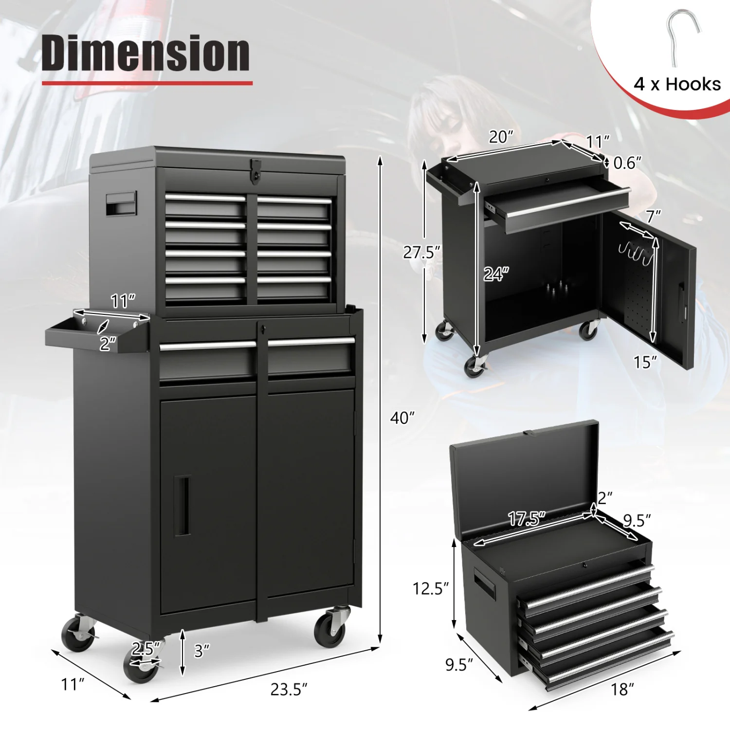 2-in-1 Tool Chest Cabinet, 5 Sliding Drawers, Black - Image 6
