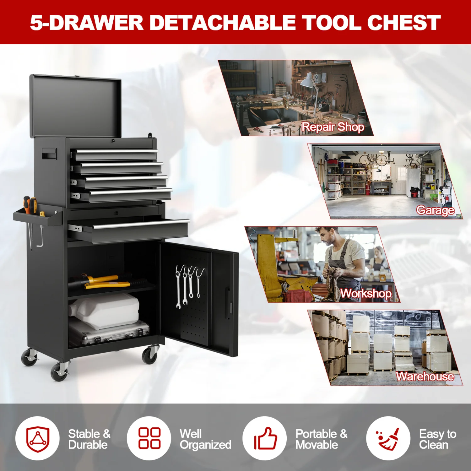 2-in-1 Tool Chest Cabinet, 5 Sliding Drawers, Black - Image 7