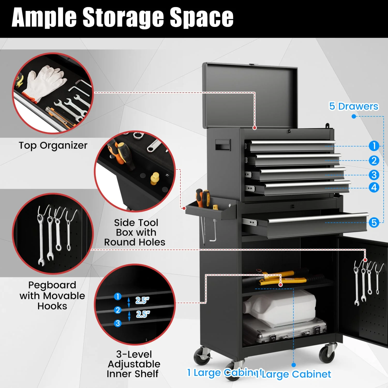 2-in-1 Tool Chest Cabinet, 5 Sliding Drawers, Black - Image 8