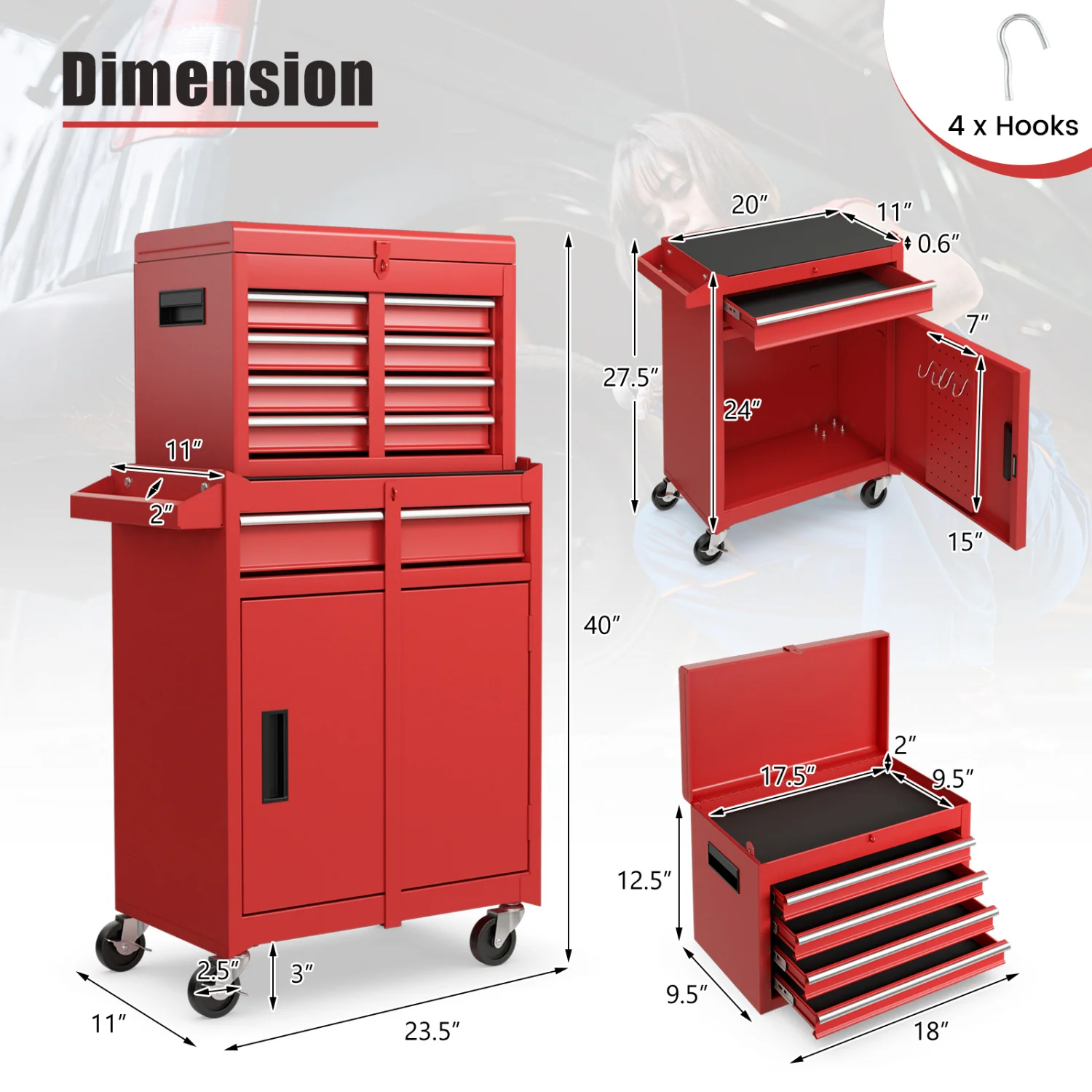 2-in-1 Tool Chest Cabinet, 5 Sliding Drawers, Red - Image 6