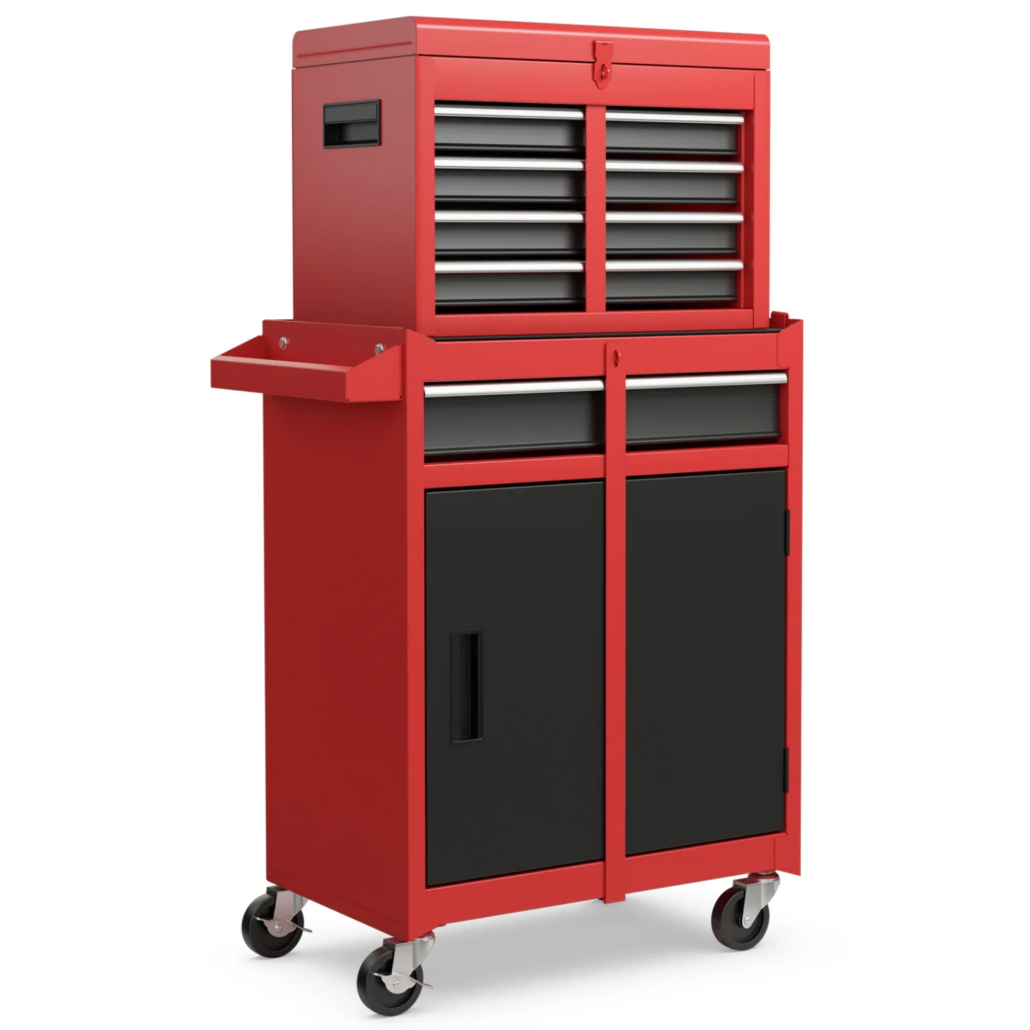 2-in-1 Tool Chest Cabinet, 5 Sliding Drawers, Red, Black - Image 4