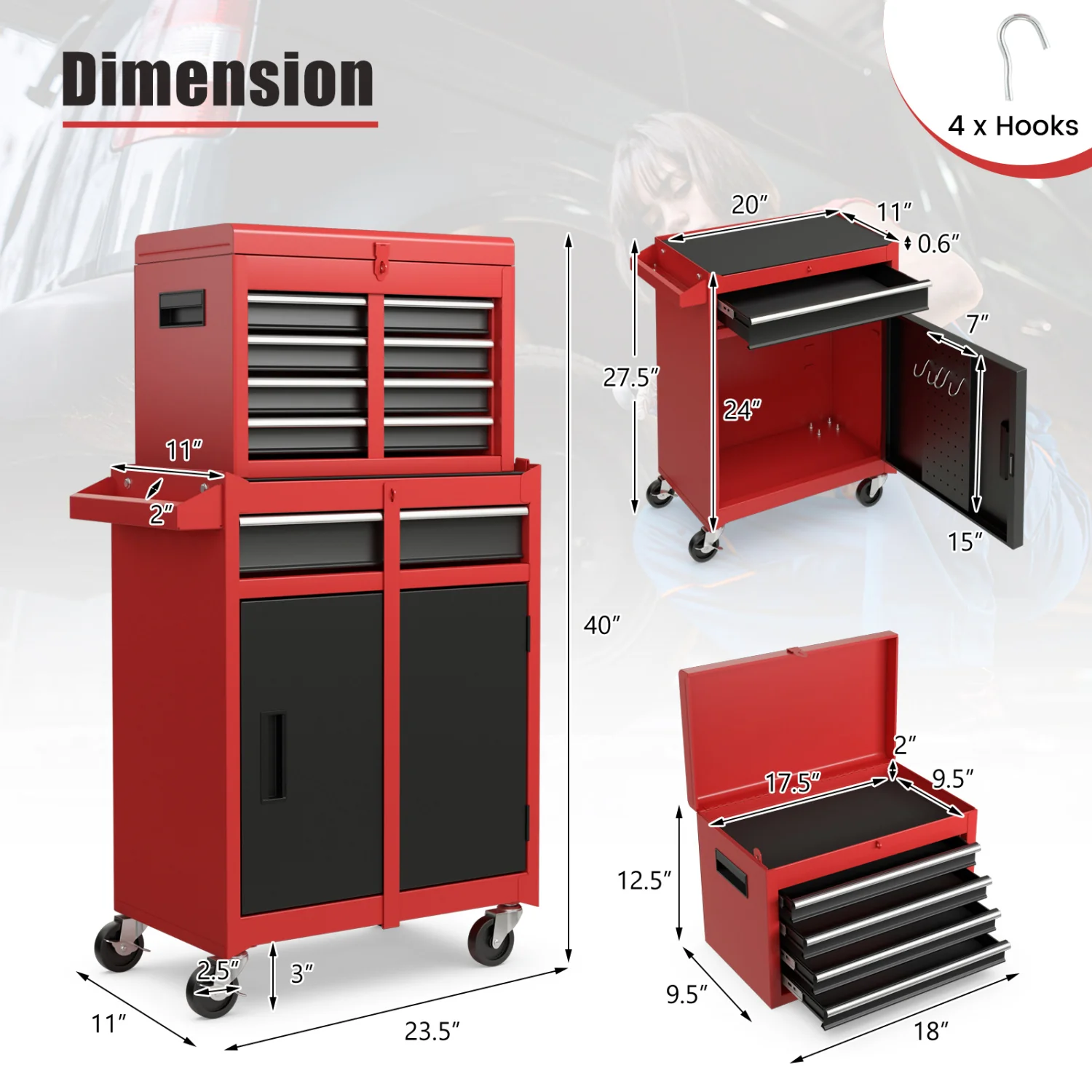 2-in-1 Tool Chest Cabinet, 5 Sliding Drawers, Red, Black - Image 6