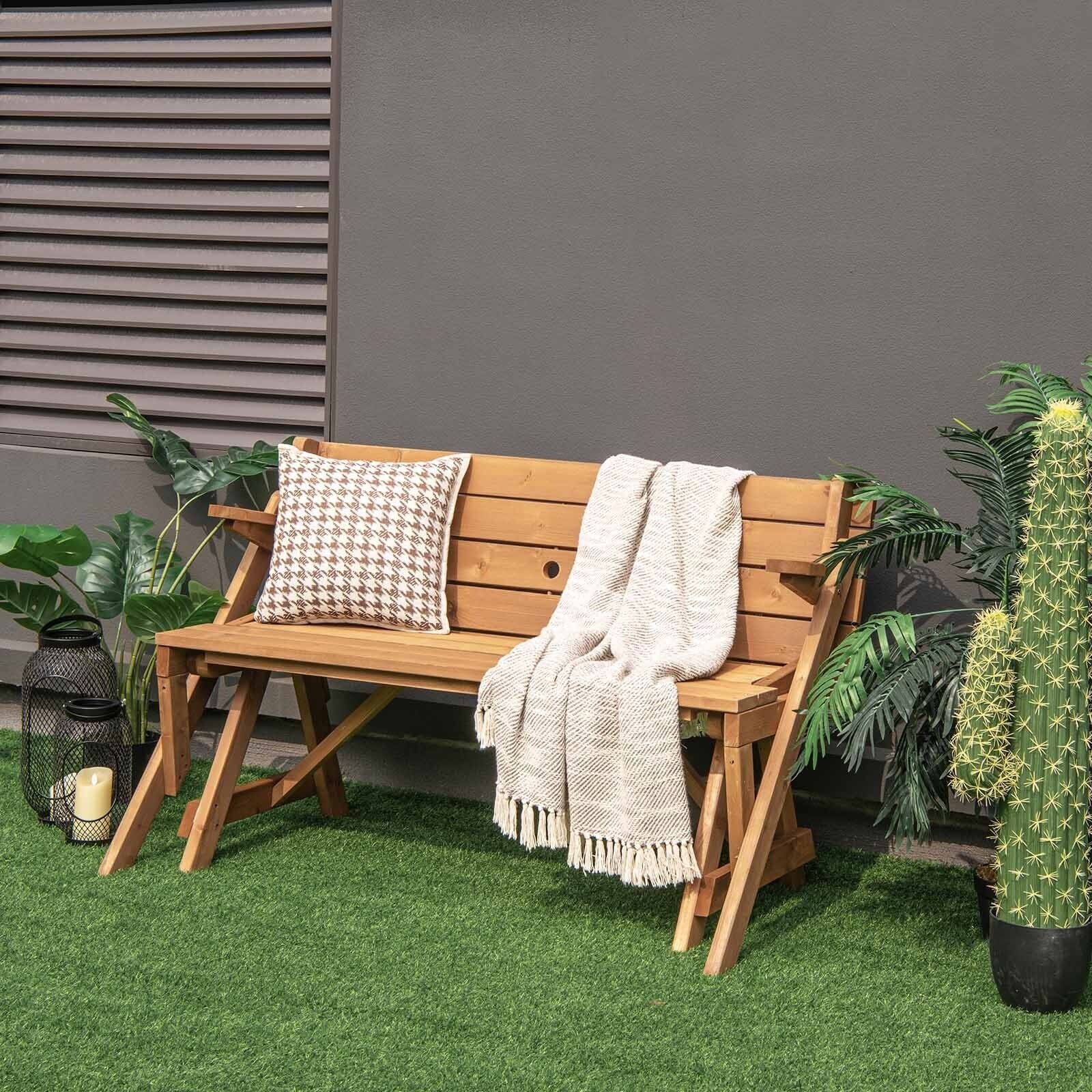 2-In-1 Transforming Wooden Picnic Table Bench, Dark Brown - Image 3
