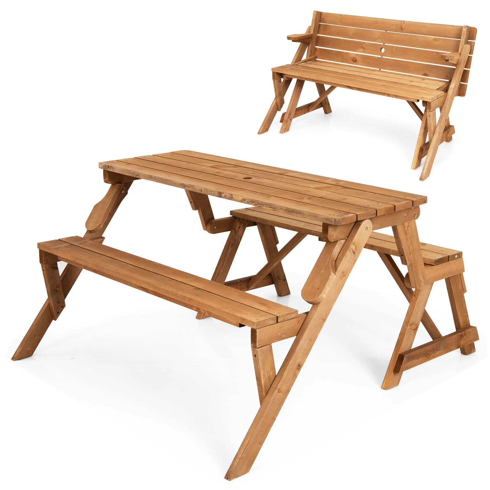 2-In-1 Transforming Wooden Picnic Table Bench, Dark Brown - Image 5