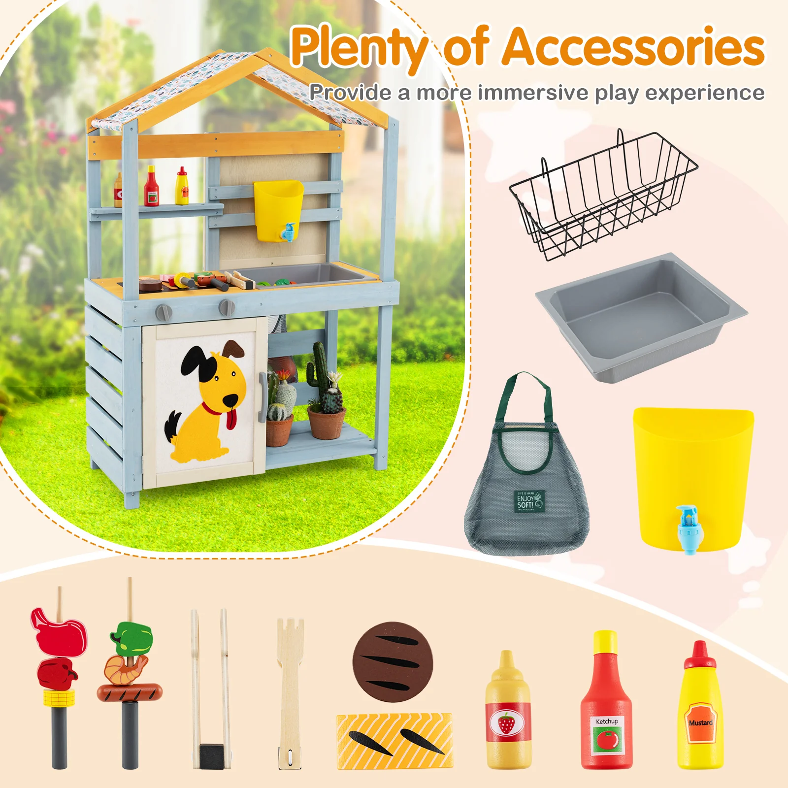 2 In 1 Wooden Mud Kitchen, Removable Water Box, Gray - Image 10