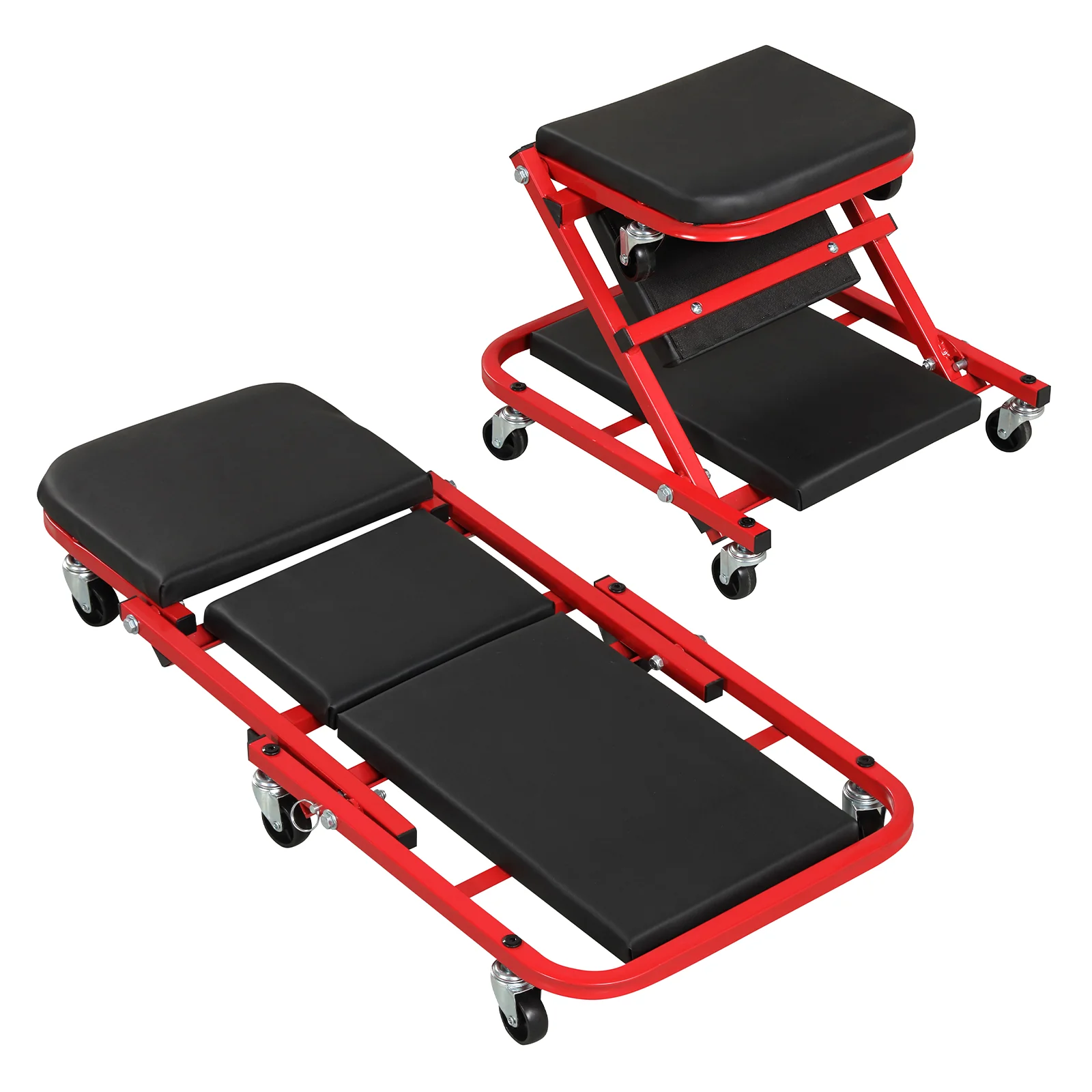 2-in-1 Z-Shaped Rolling Garage Stool, 36" Folding Automotive Creeper, Red