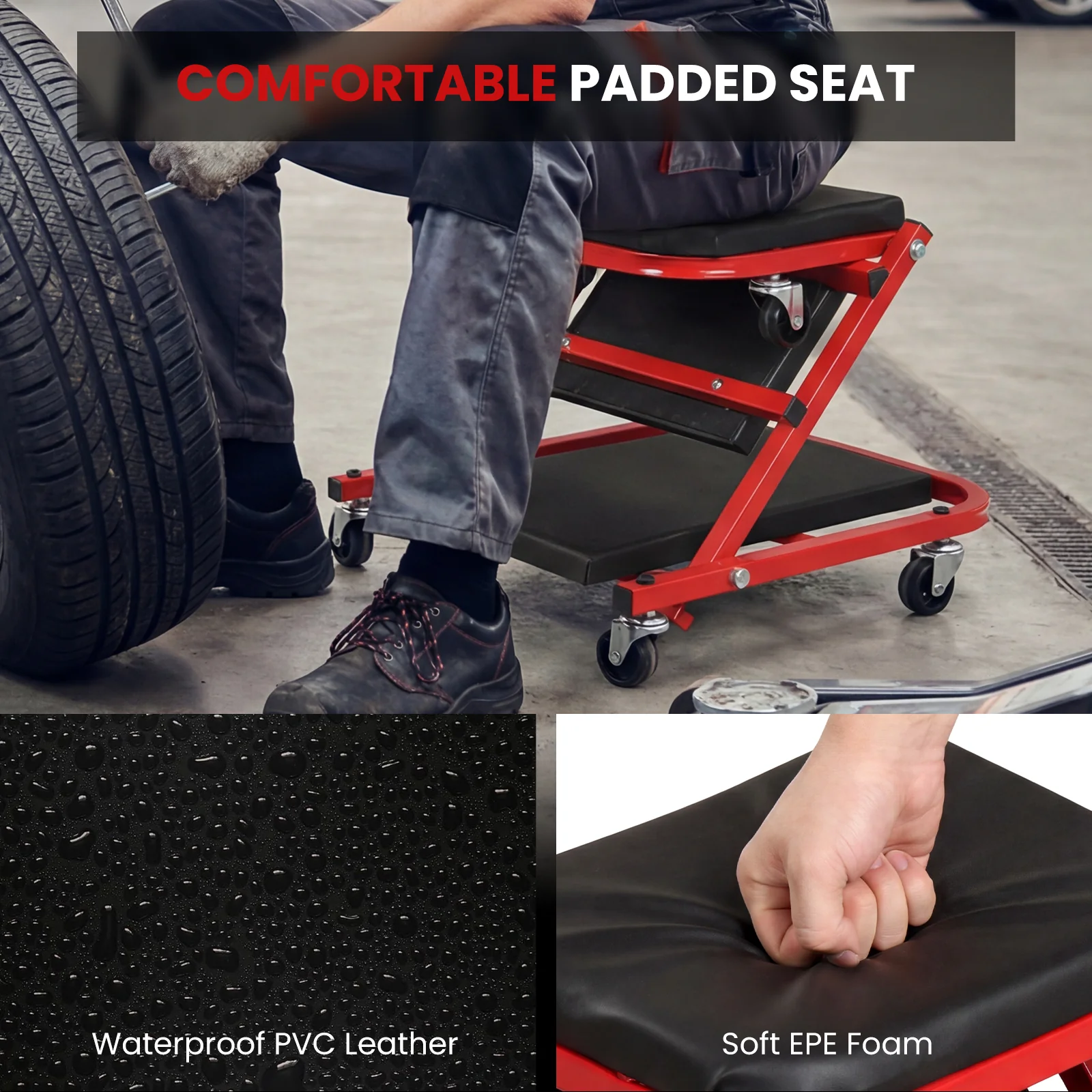 2-in-1 Z-Shaped Rolling Garage Stool, 36" Folding Automotive Creeper, Red - Image 10