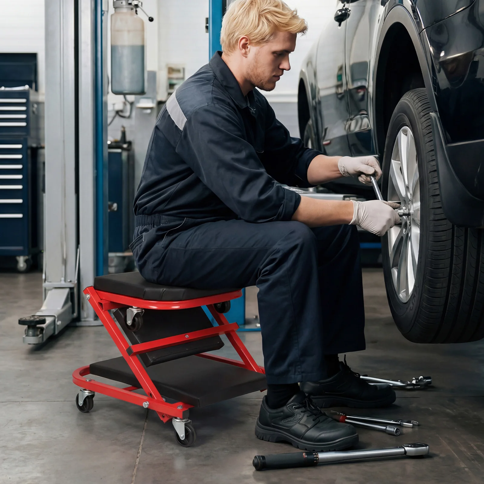 2-in-1 Z-Shaped Rolling Garage Stool, 36" Folding Automotive Creeper, Red - Image 3