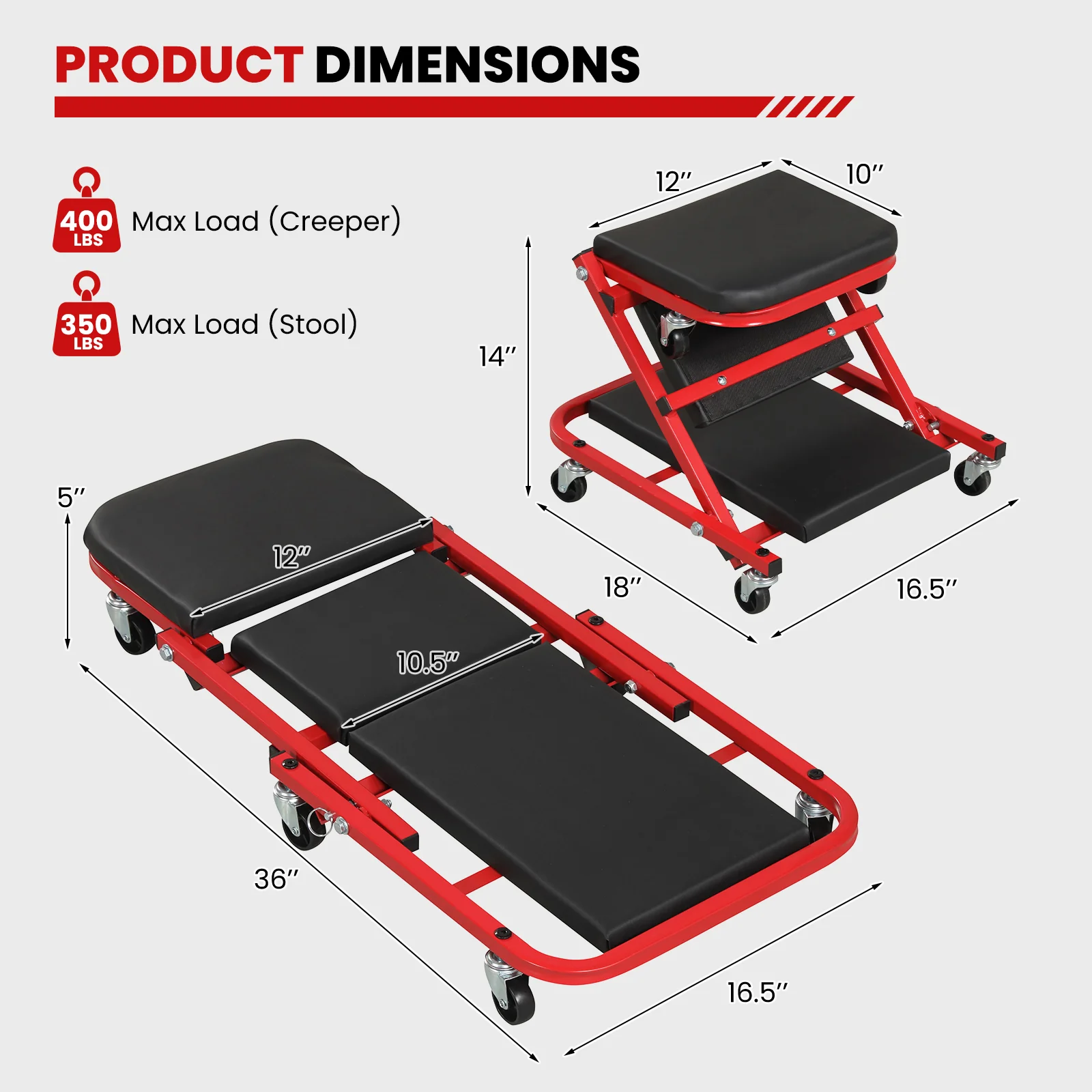 2-in-1 Z-Shaped Rolling Garage Stool, 36" Folding Automotive Creeper, Red - Image 6