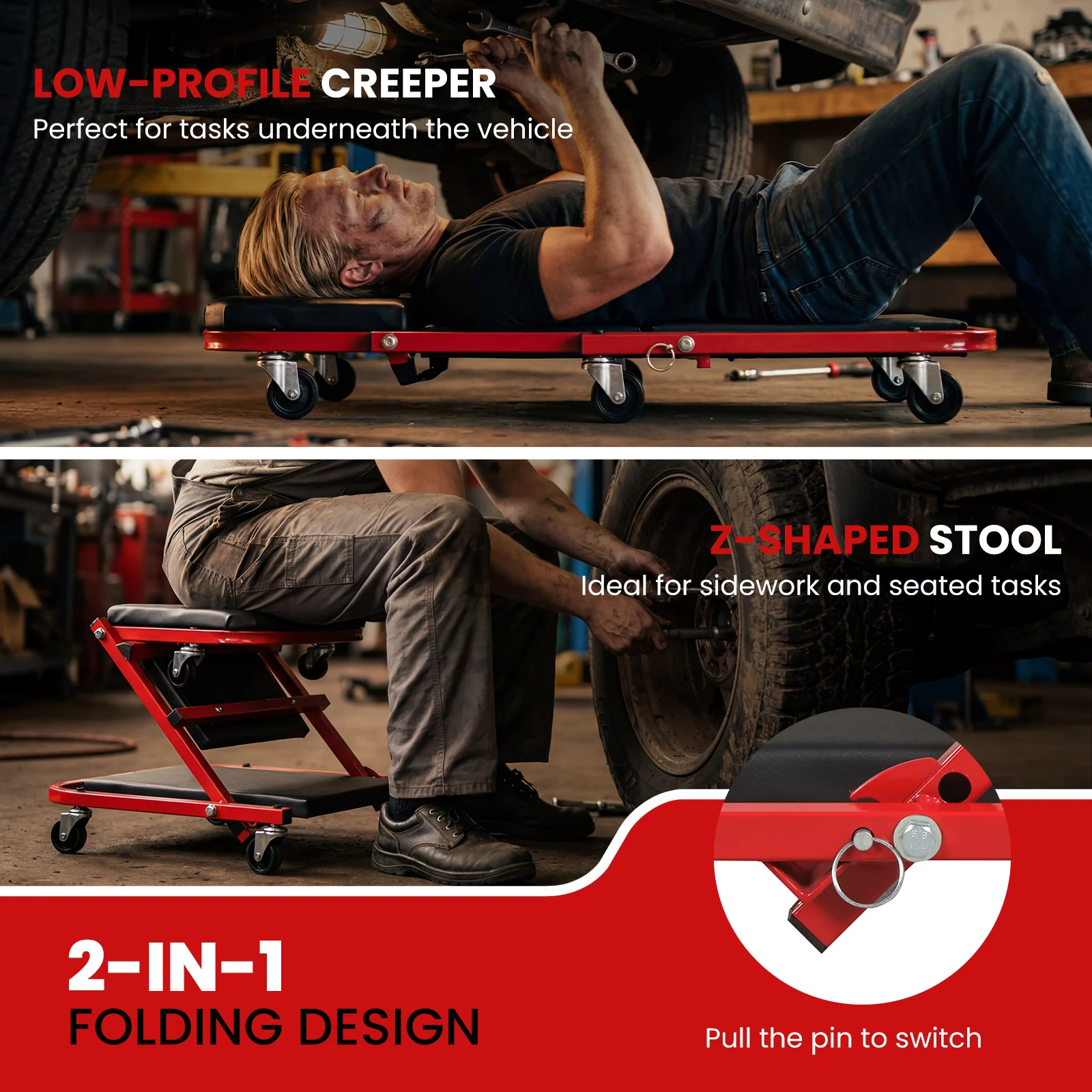 2-in-1 Z-Shaped Rolling Garage Stool, 36" Folding Automotive Creeper, Red - Image 8