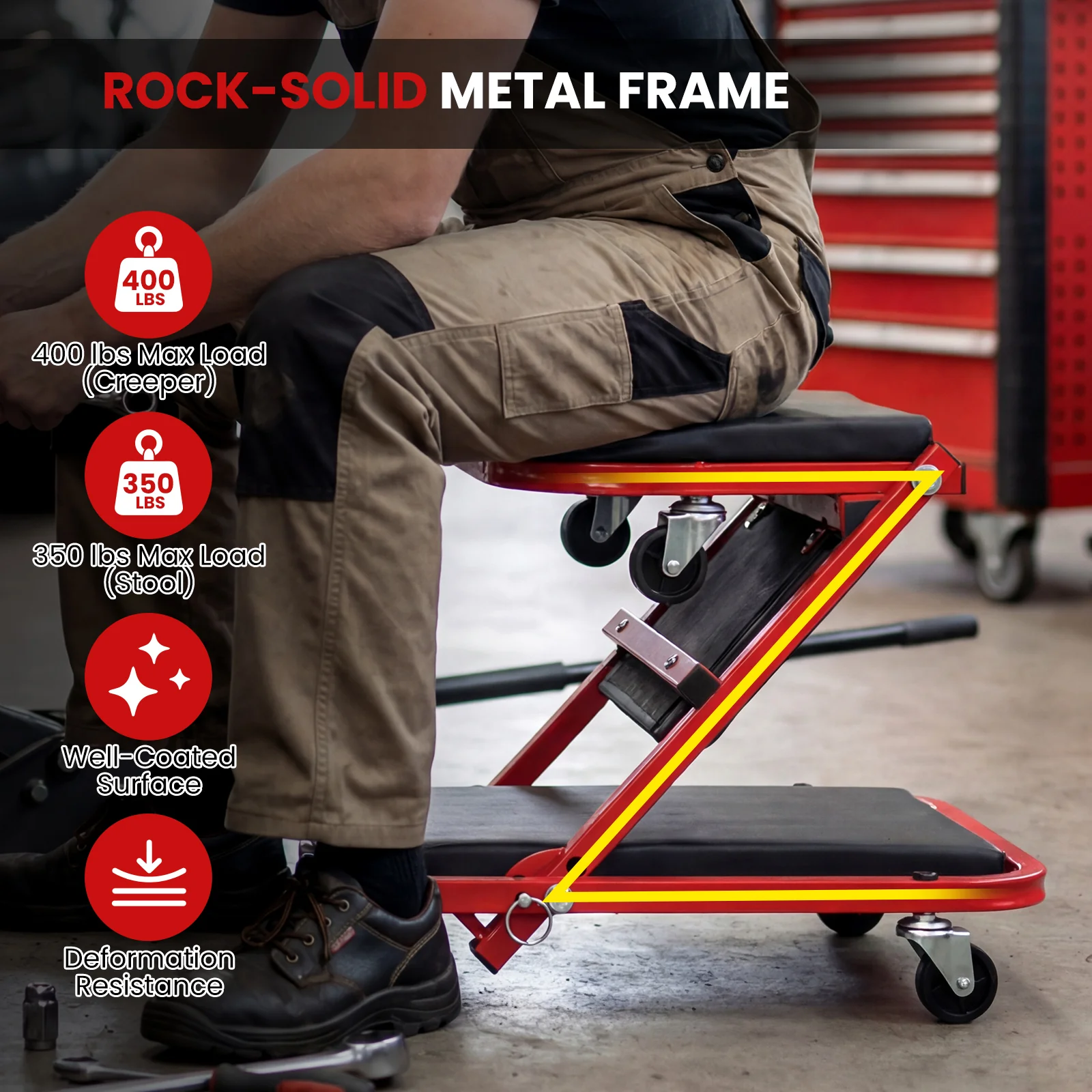 2-in-1 Z-Shaped Rolling Garage Stool, 36" Folding Automotive Creeper, Red - Image 9