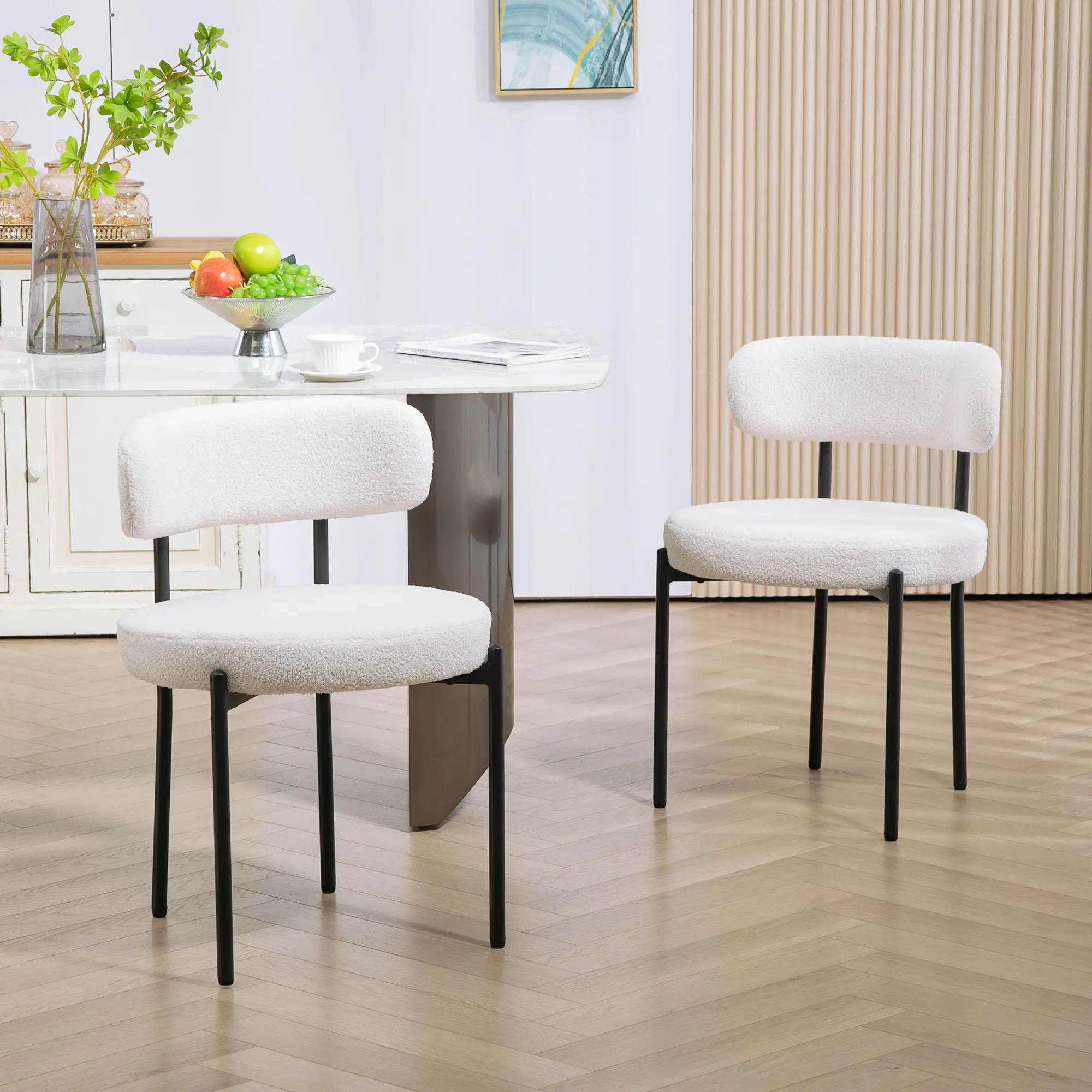 2 Kitchen Chairs, Modern Dining, Berber Fleece Upholstery, Steel Legs, Cream White - Image 2