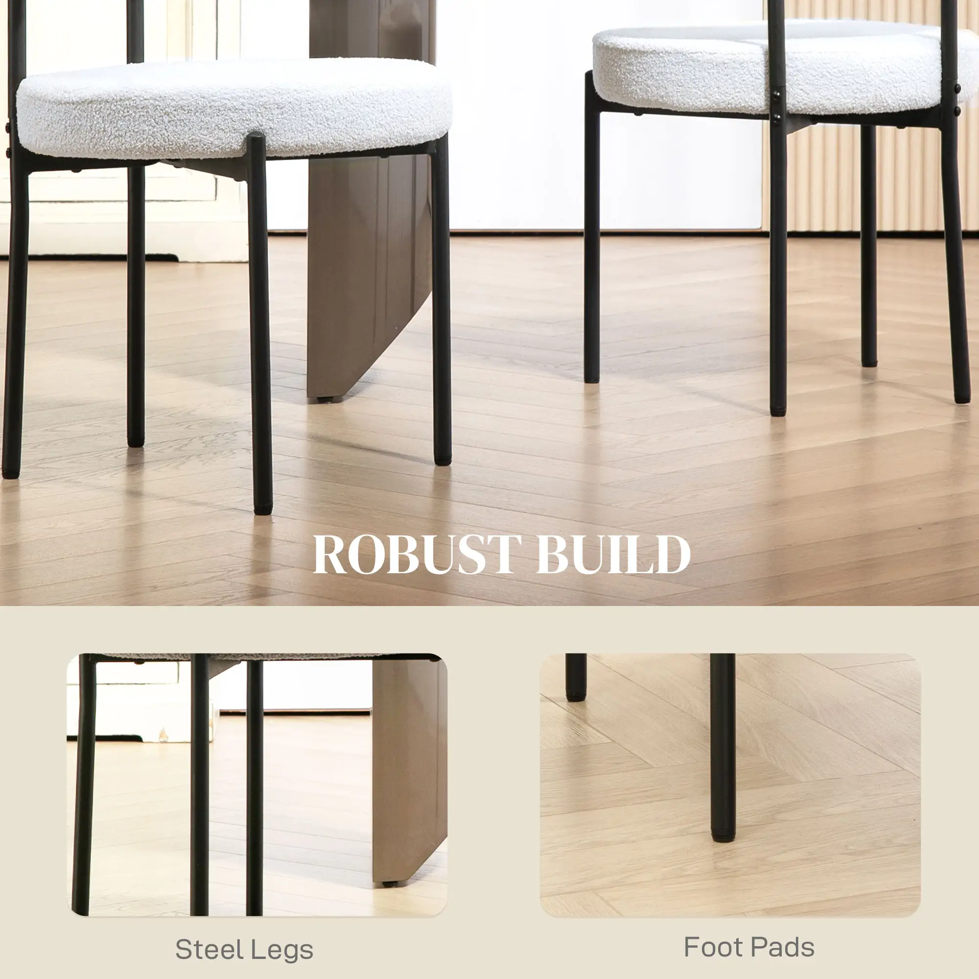 2 Kitchen Chairs, Modern Dining, Berber Fleece Upholstery, Steel Legs, Cream White - Image 6