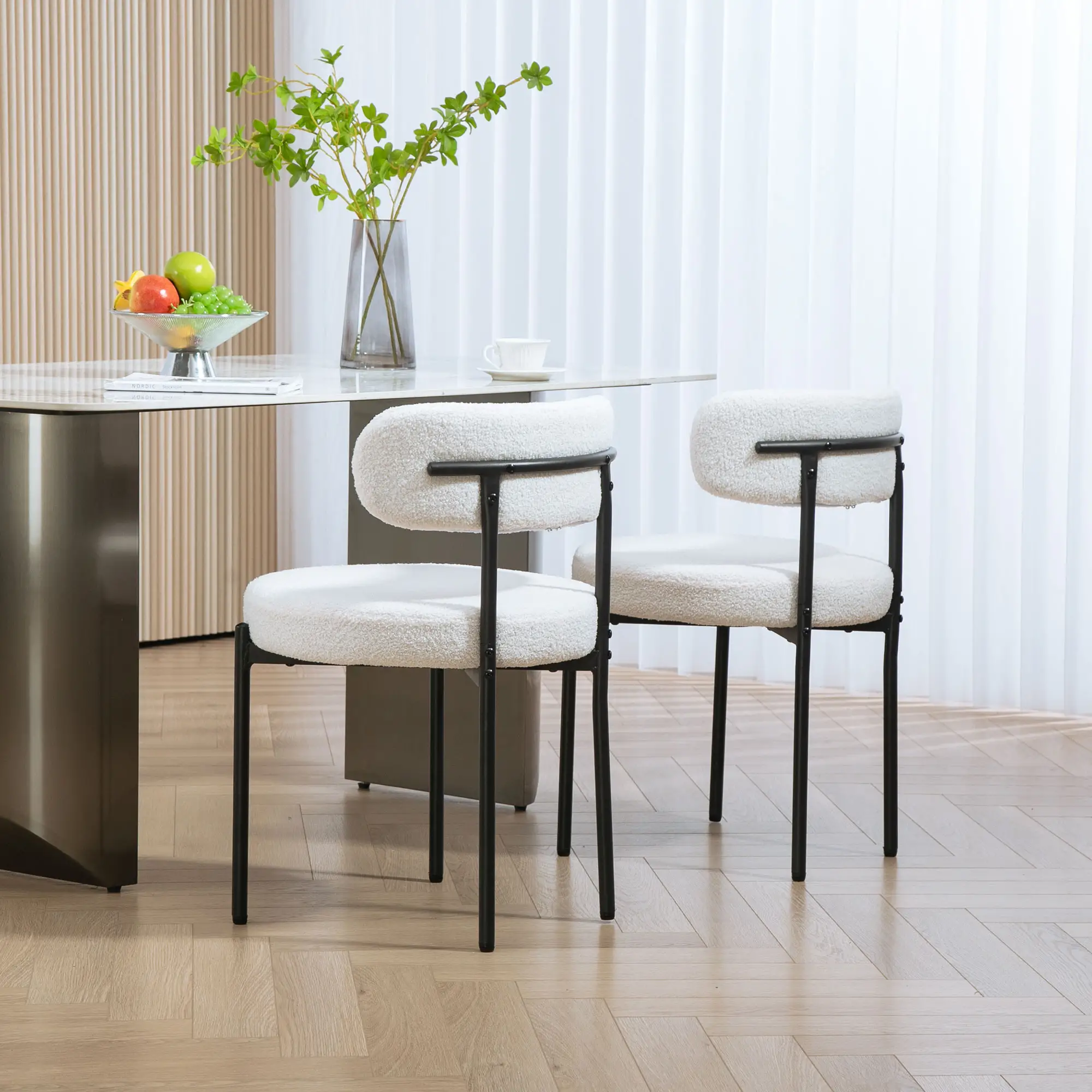 2 Kitchen Chairs, Modern Dining, Berber Fleece Upholstery, Steel Legs, Cream White - Image 7