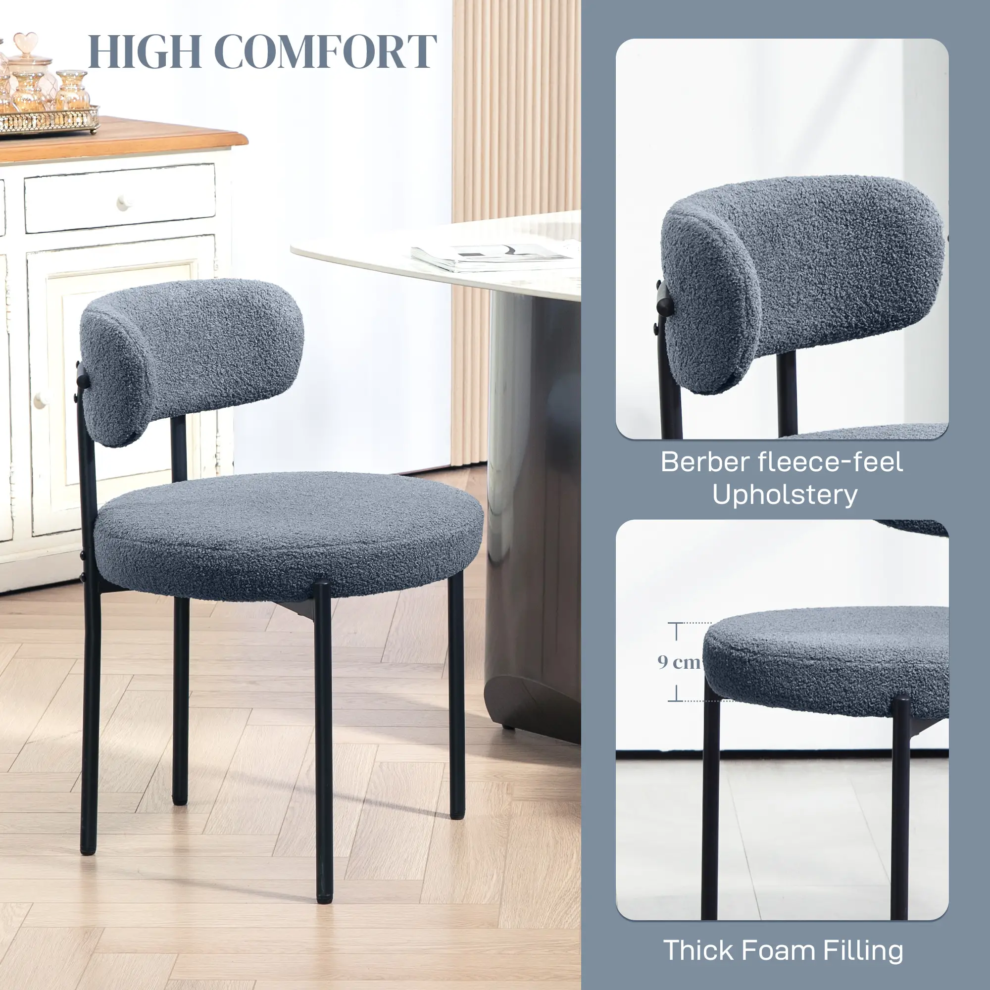 2 Kitchen Chairs, Modern Dining, Berber Fleece Upholstery, Steel Legs, Grey - Image 5