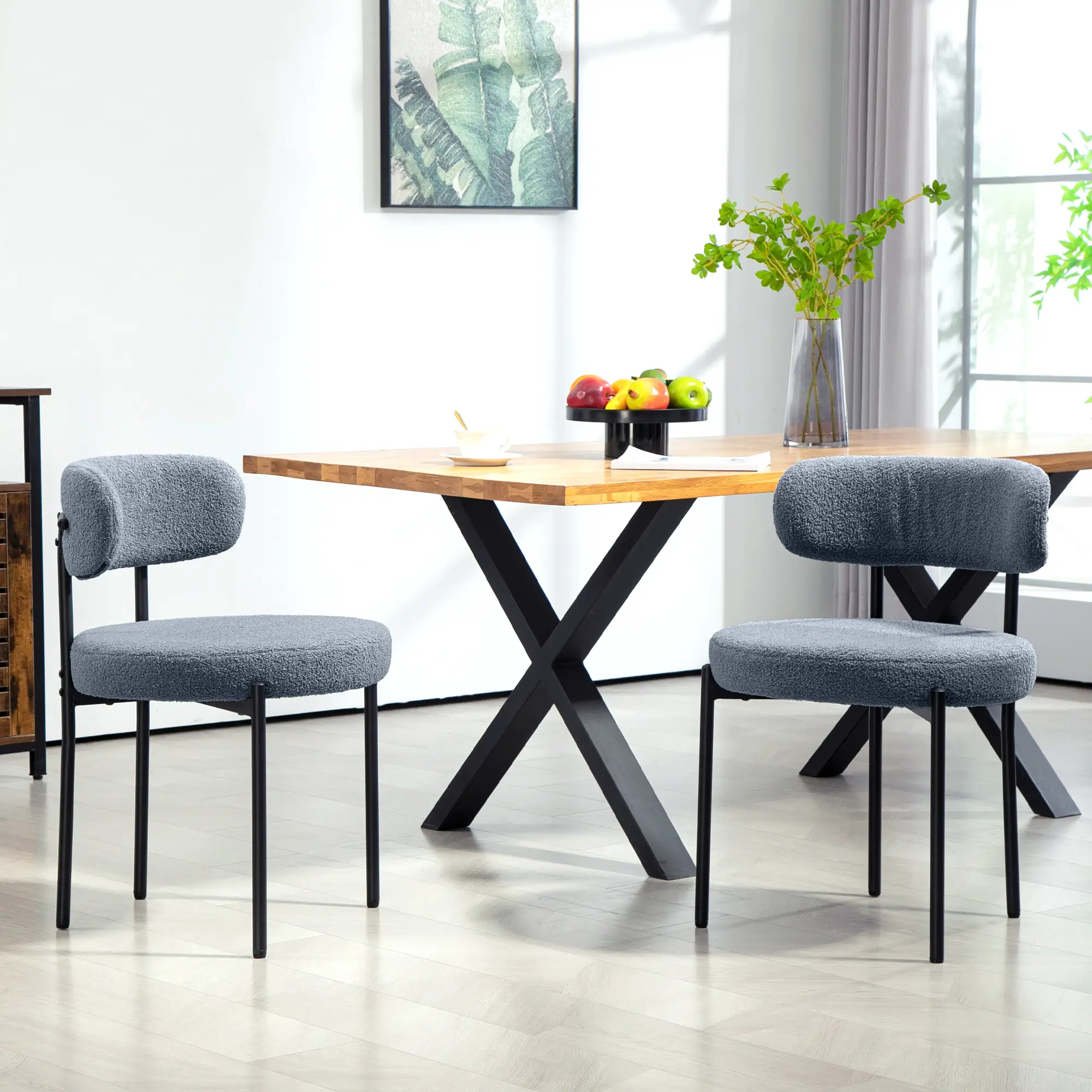 2 Kitchen Chairs, Modern Dining, Berber Fleece Upholstery, Steel Legs, Grey - Image 8