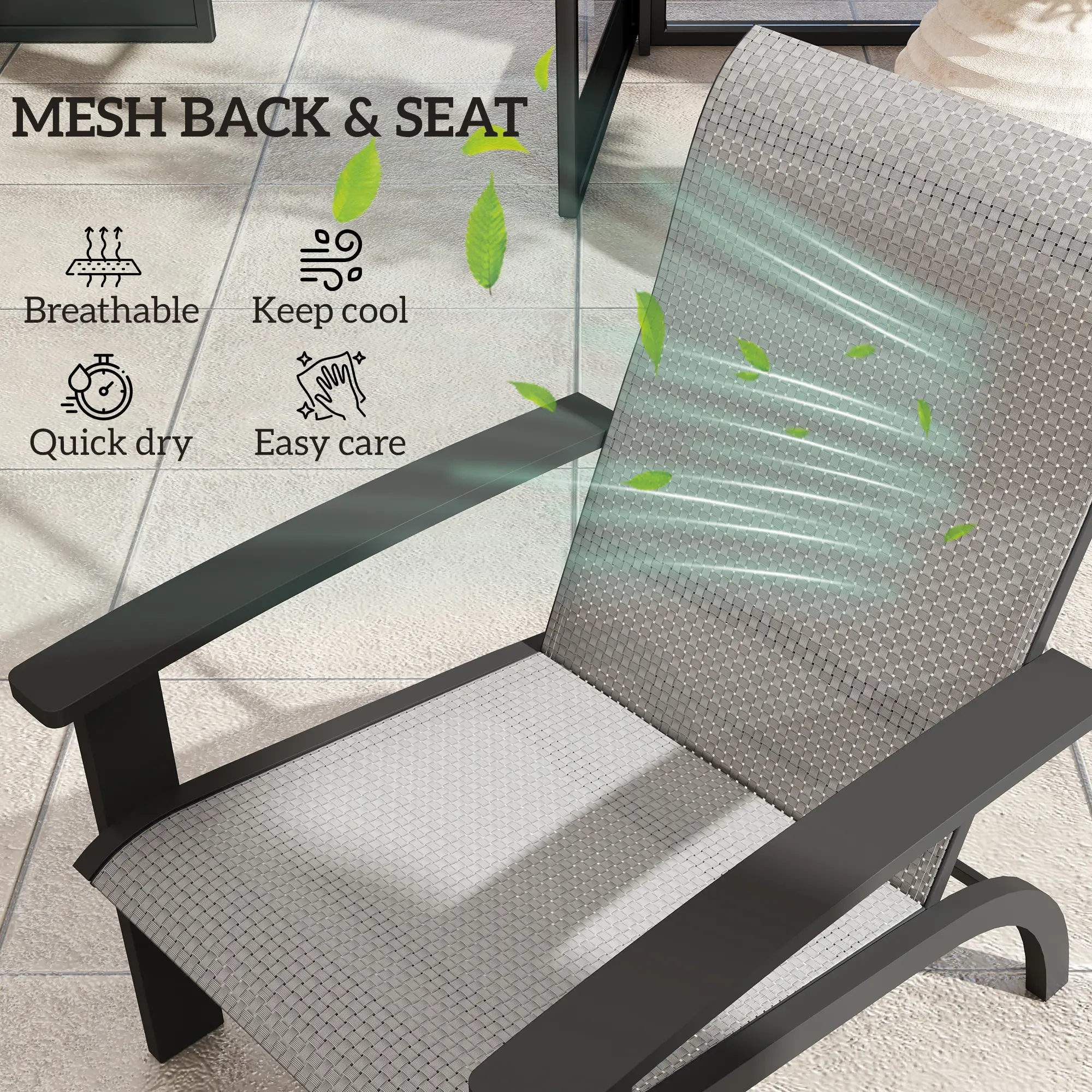 2 Outdoor Adirondack Chairs, Aluminum Frame, Mesh Seat, Dark Grey - Image 4