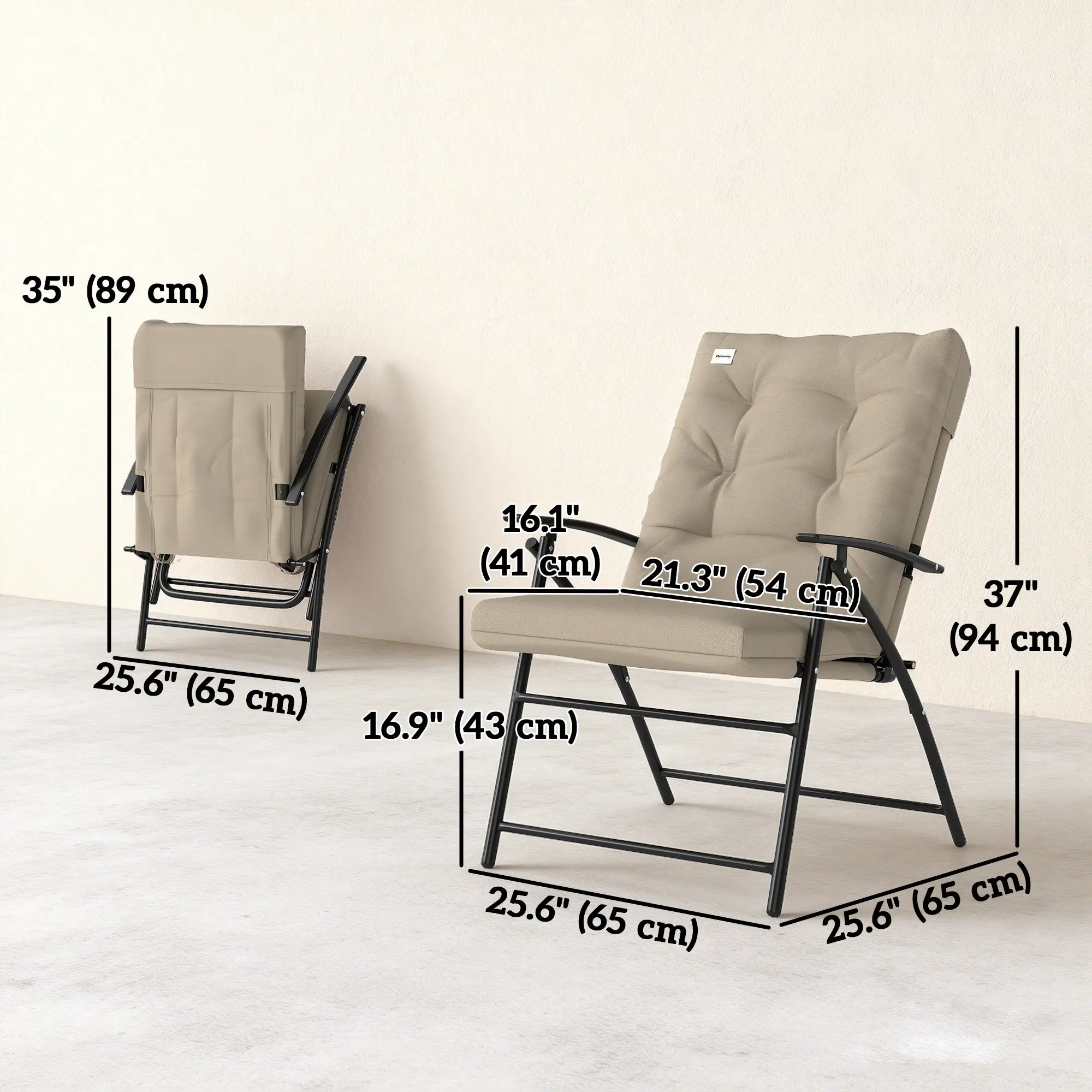 2 Outdoor Folding Chairs, Adjustable Backrest, Padded Camping Chairs, Khaki - Image 3