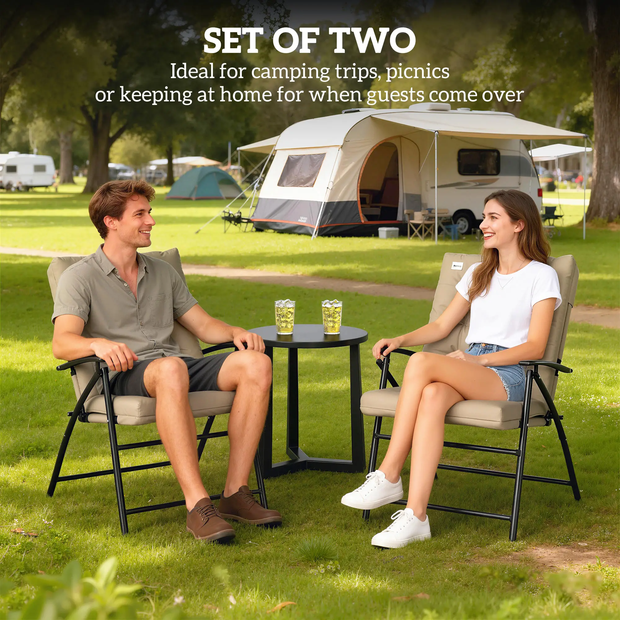 2 Outdoor Folding Chairs, Adjustable Backrest, Padded Camping Chairs, Khaki - Image 4