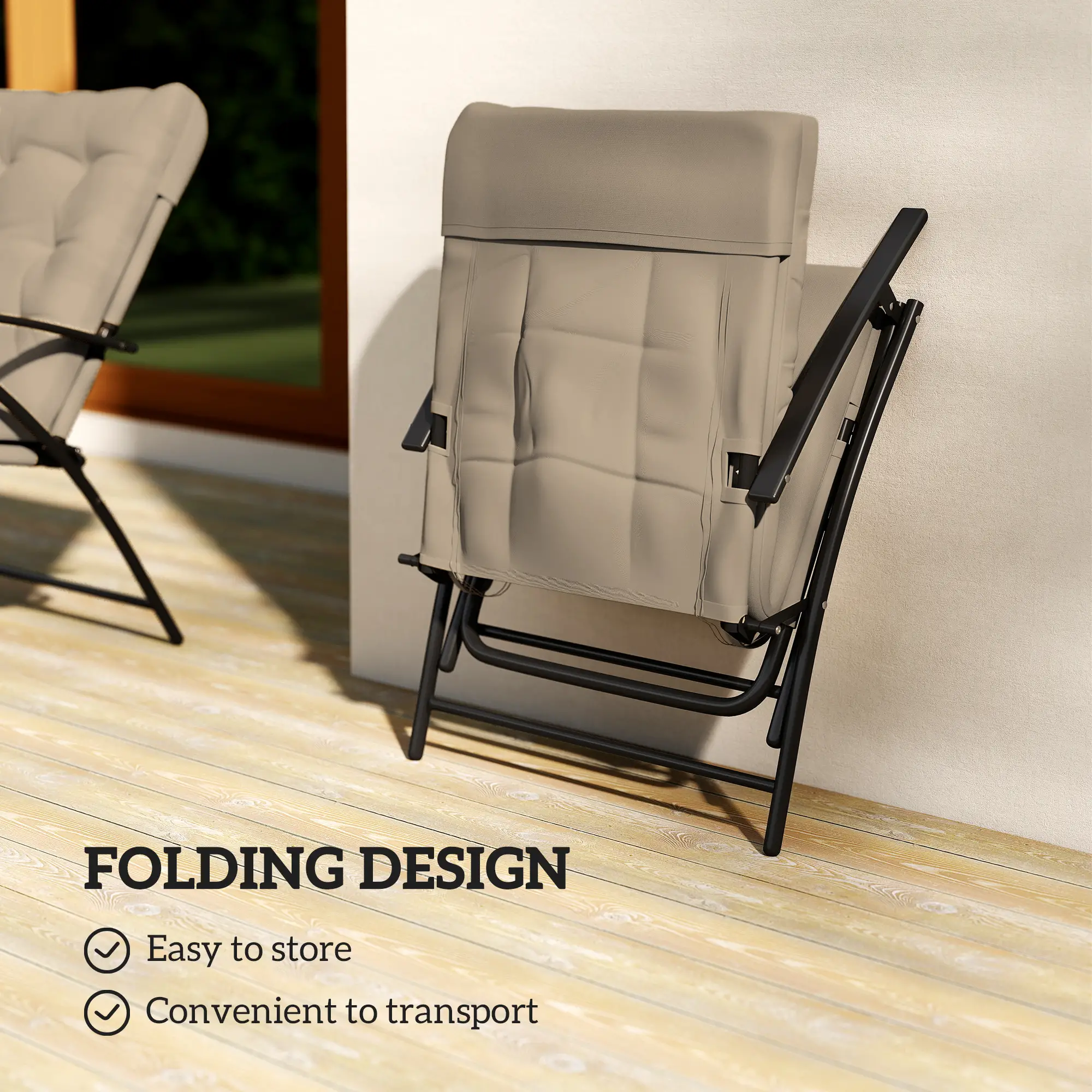 2 Outdoor Folding Chairs, Adjustable Backrest, Padded Camping Chairs, Khaki - Image 5
