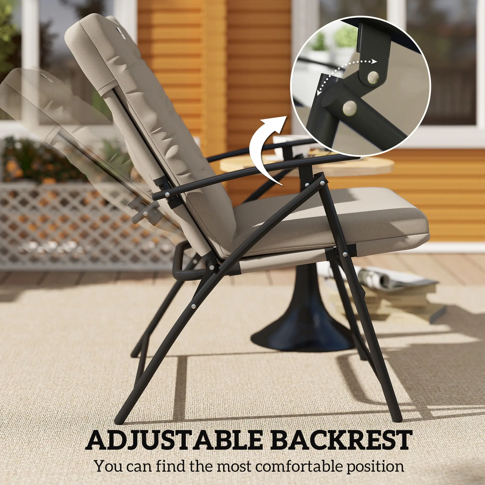 2 Outdoor Folding Chairs, Adjustable Backrest, Padded Camping Chairs, Khaki - Image 6