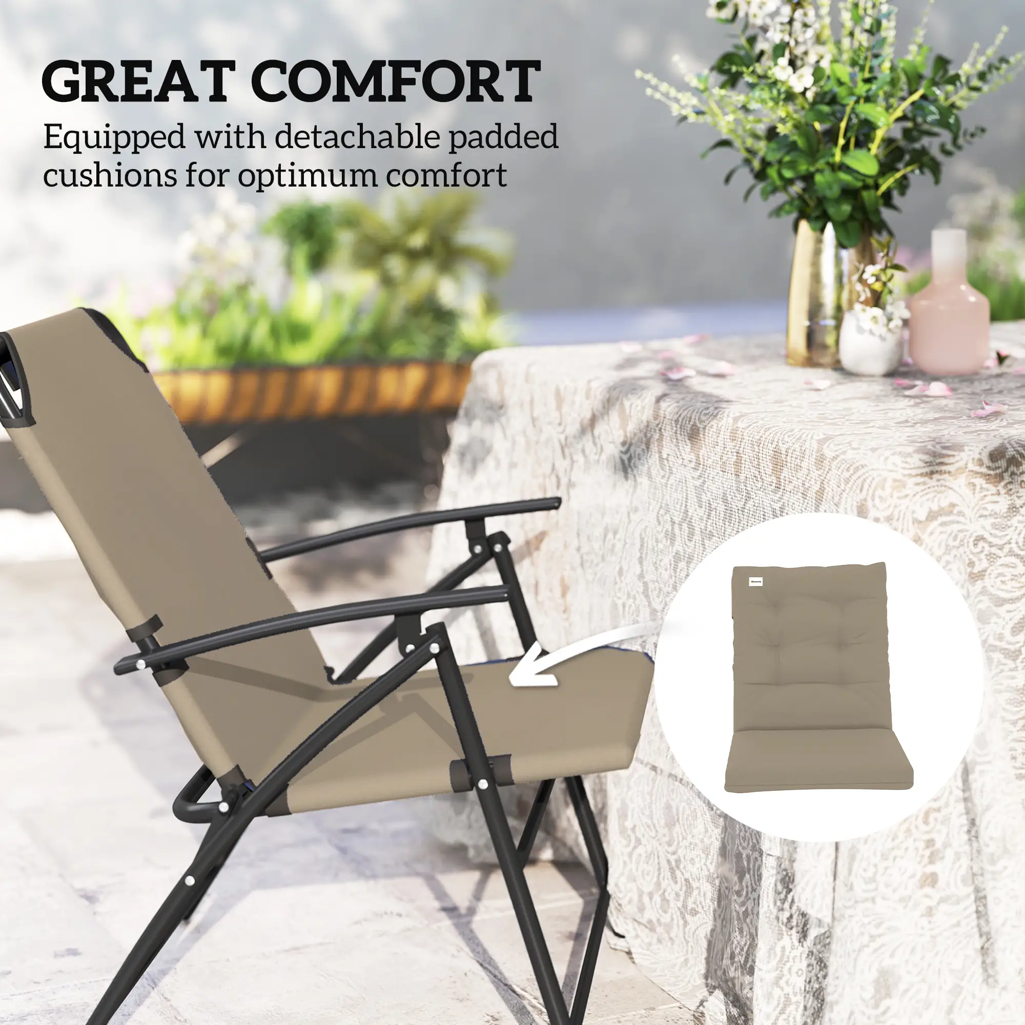 2 Outdoor Folding Chairs, Adjustable Backrest, Padded Camping Chairs, Khaki - Image 7
