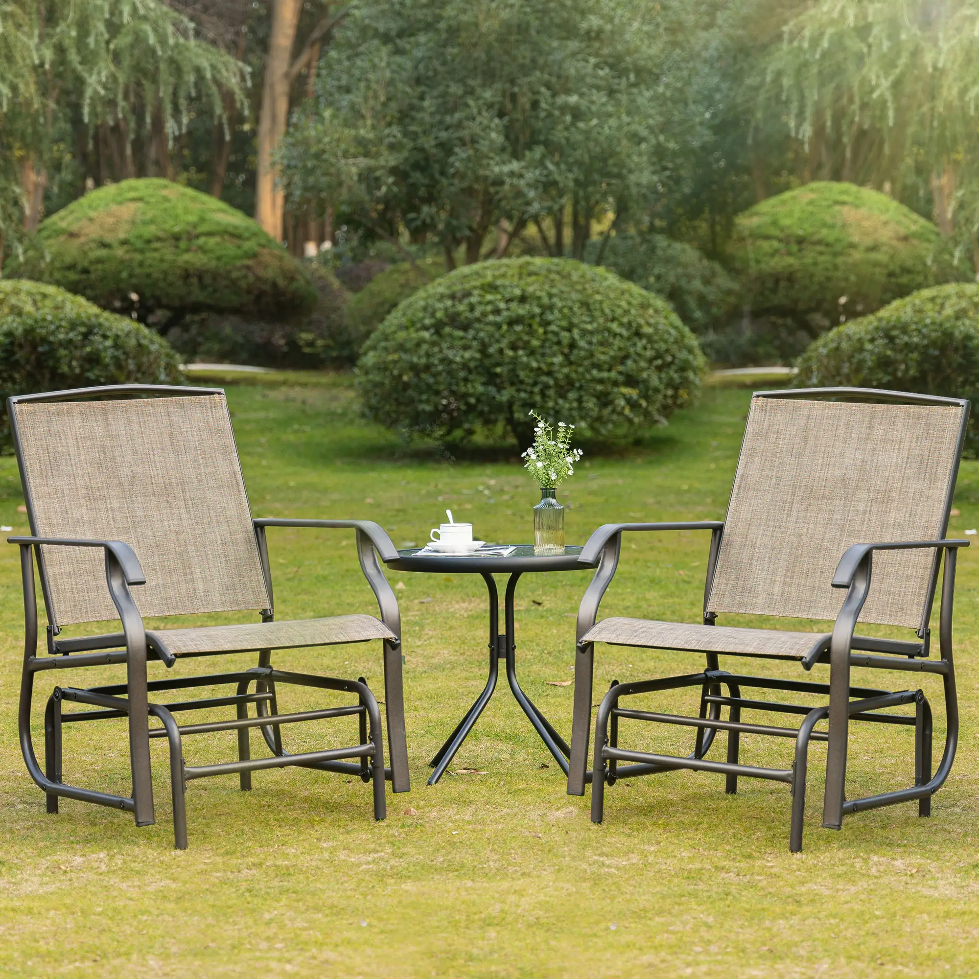 2 Outdoor Glider Chairs, 2 Person, Breathable Mesh, Steel Frame, Dark Brown - Image 2