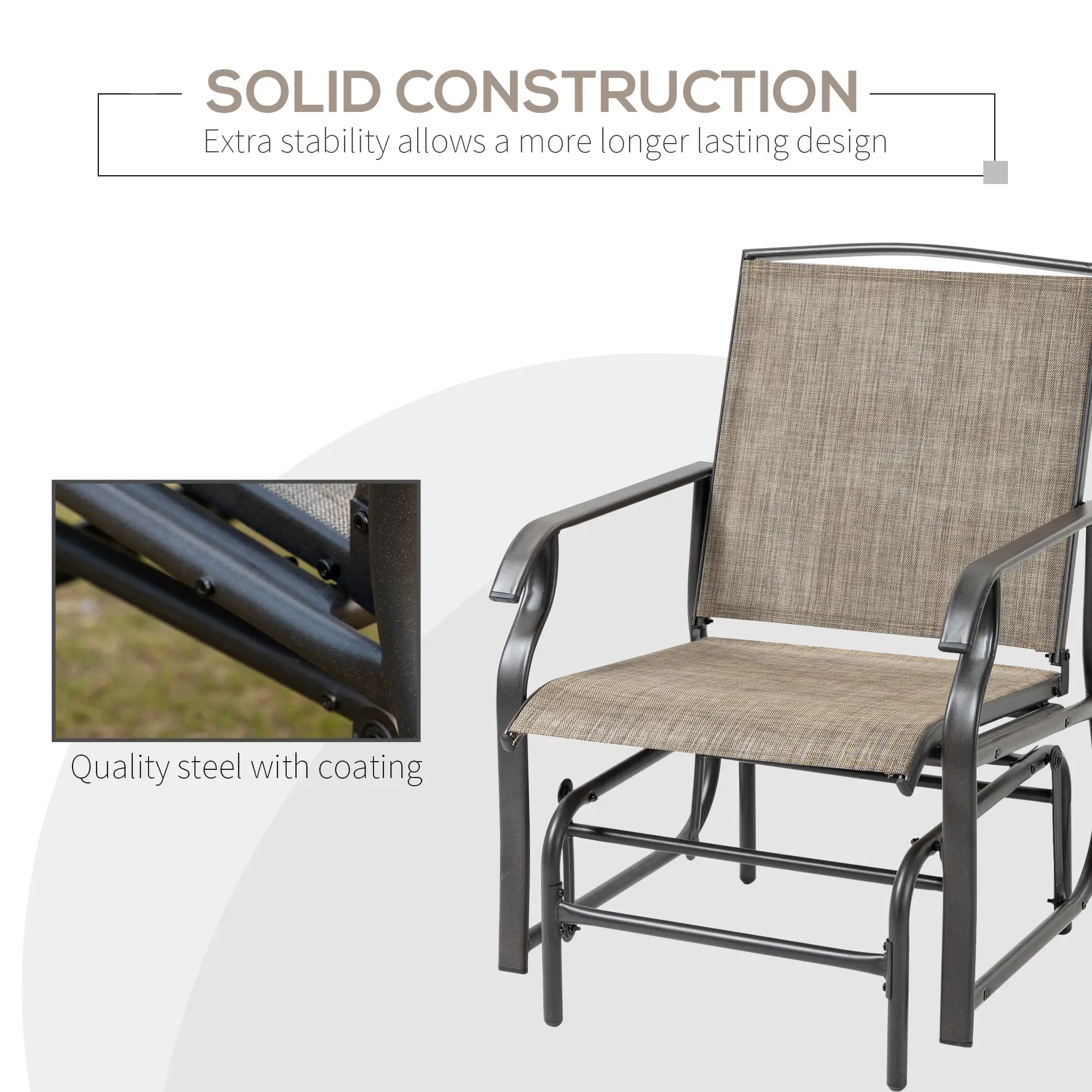 2 Outdoor Glider Chairs, 2 Person, Breathable Mesh, Steel Frame, Dark Brown - Image 6