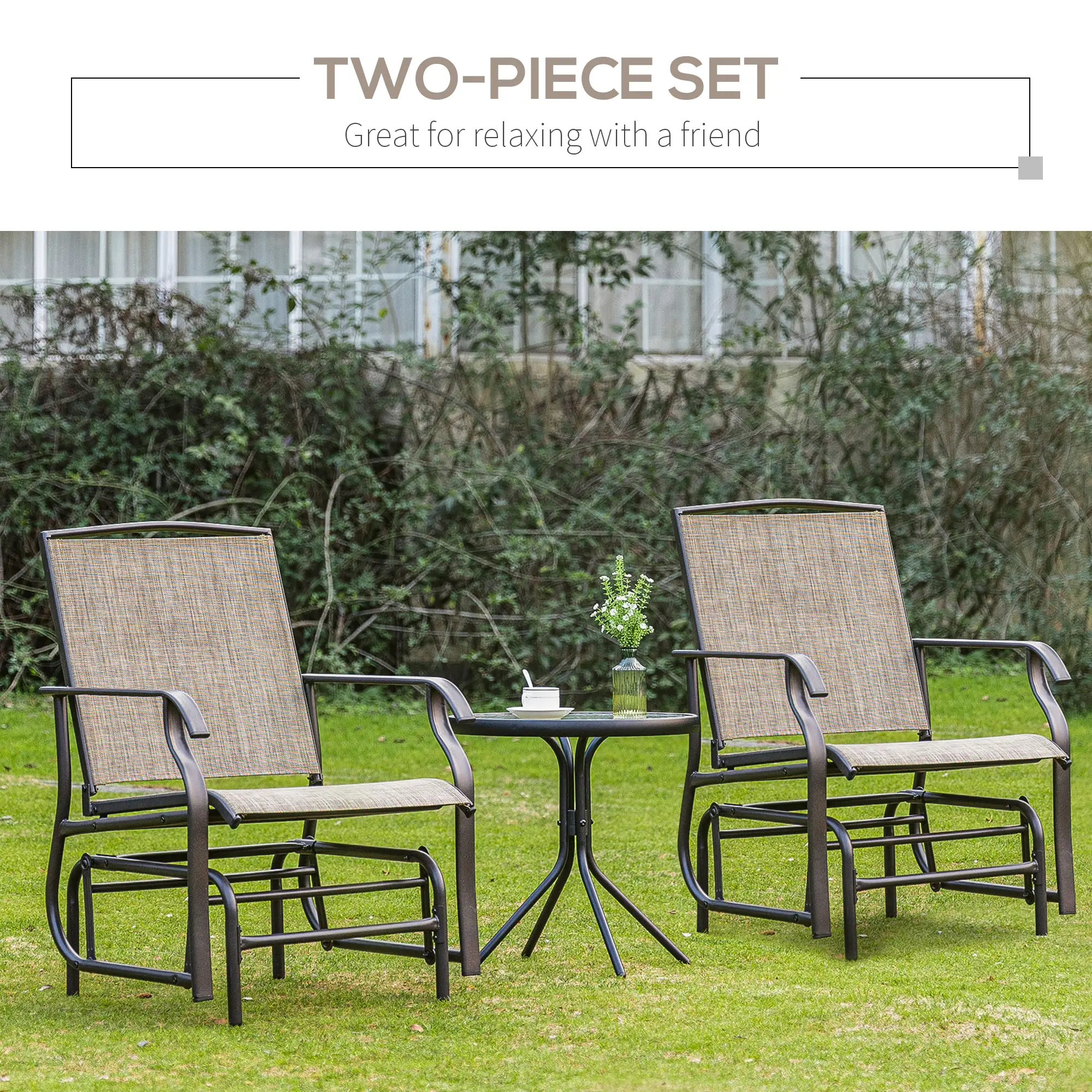 2 Outdoor Glider Chairs, 2 Person, Breathable Mesh, Steel Frame, Dark Brown - Image 9