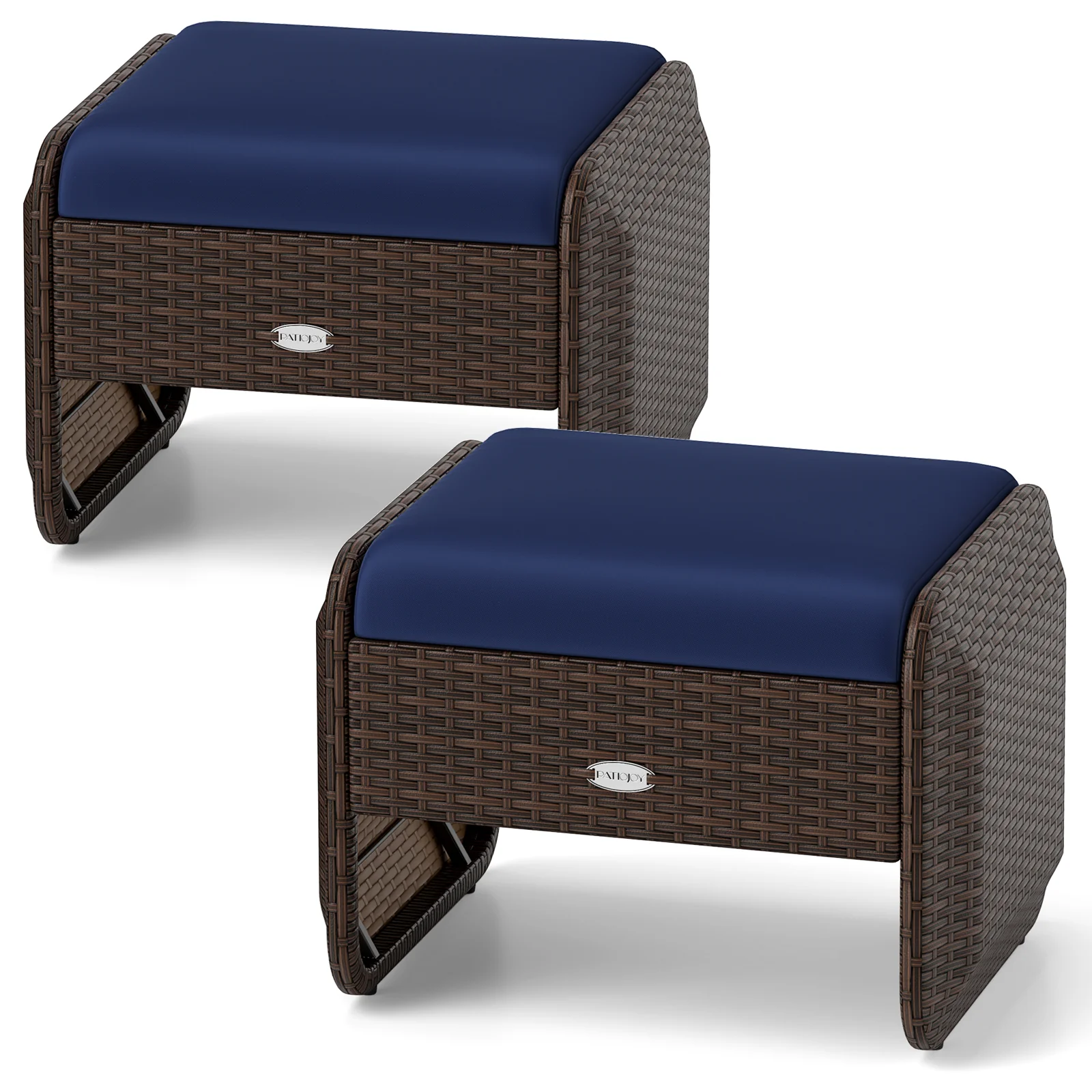 2 Outdoor PE Wicker Ottomans, Removable Cushions, Navy