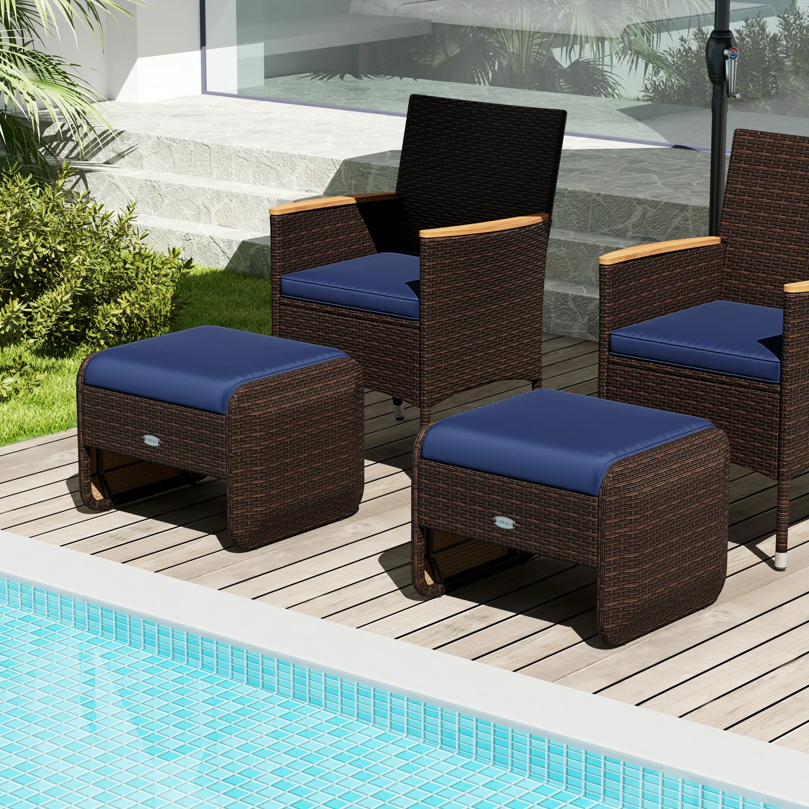 2 Outdoor PE Wicker Ottomans, Removable Cushions, Navy - Image 10
