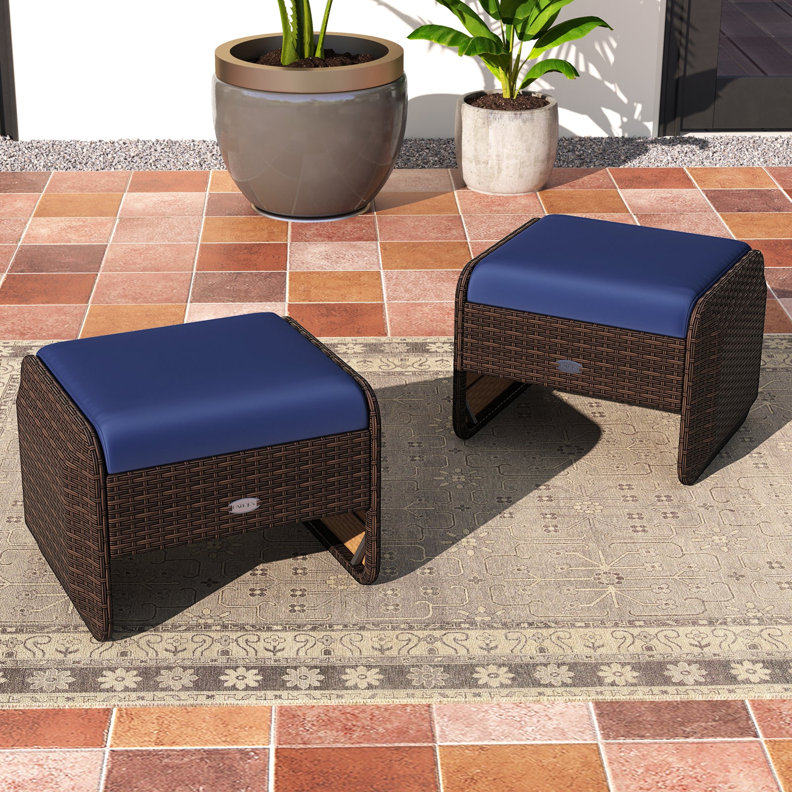 2 Outdoor PE Wicker Ottomans, Removable Cushions, Navy - Image 2