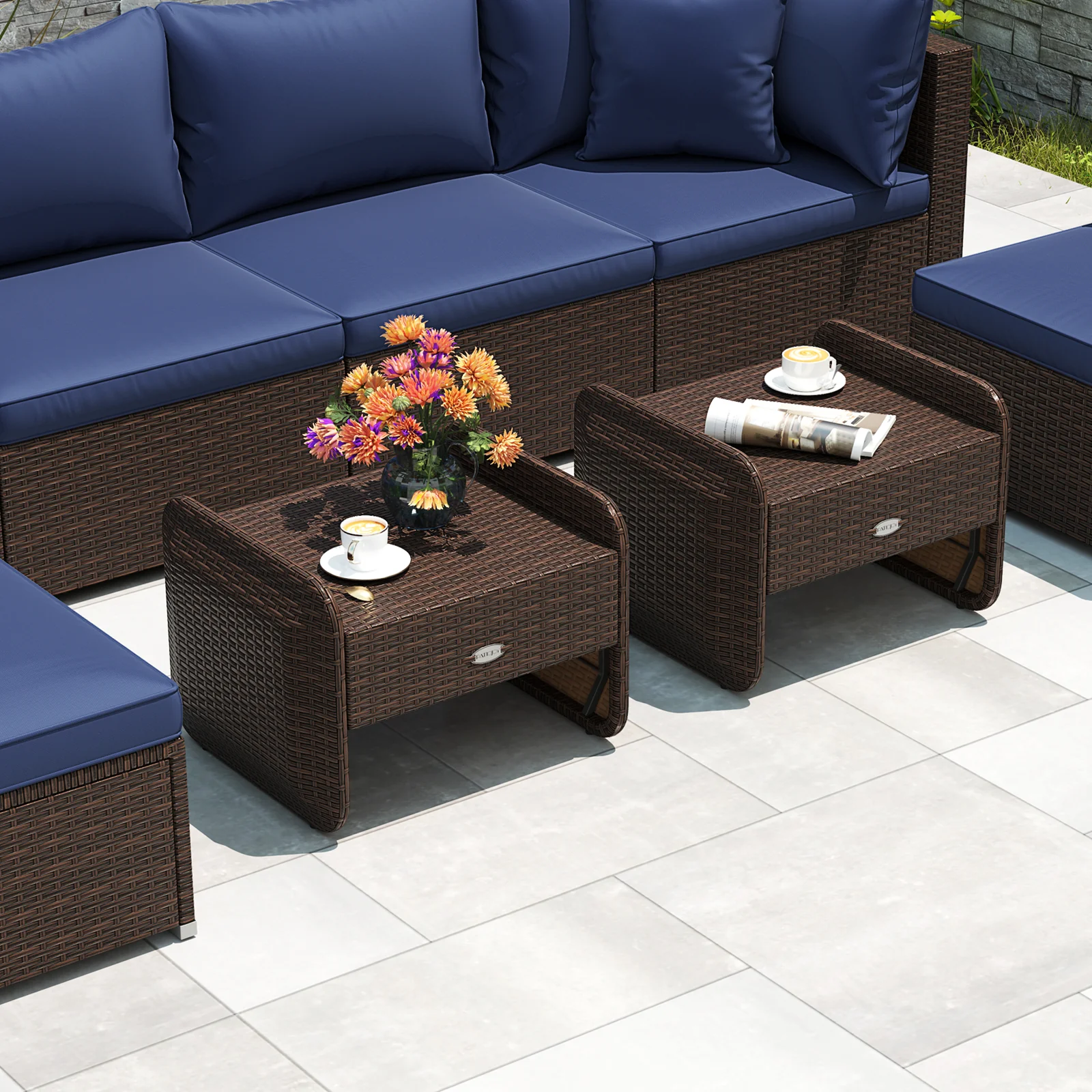 2 Outdoor PE Wicker Ottomans, Removable Cushions, Navy - Image 3