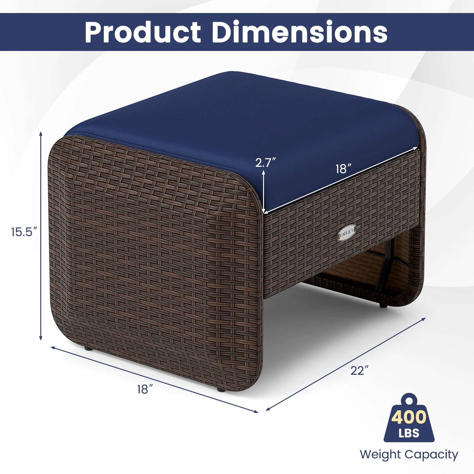 2 Outdoor PE Wicker Ottomans, Removable Cushions, Navy - Image 5