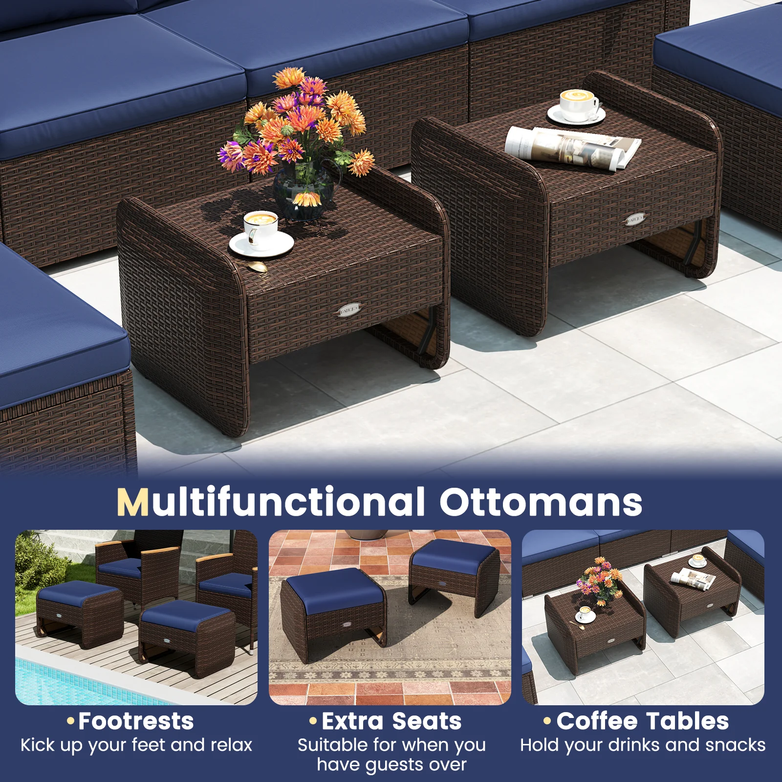 2 Outdoor PE Wicker Ottomans, Removable Cushions, Navy - Image 6