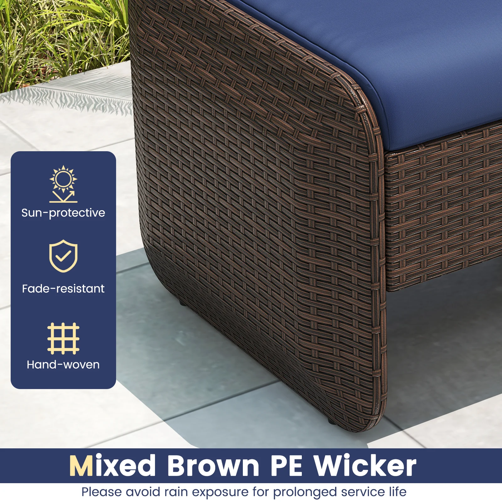 2 Outdoor PE Wicker Ottomans, Removable Cushions, Navy - Image 7