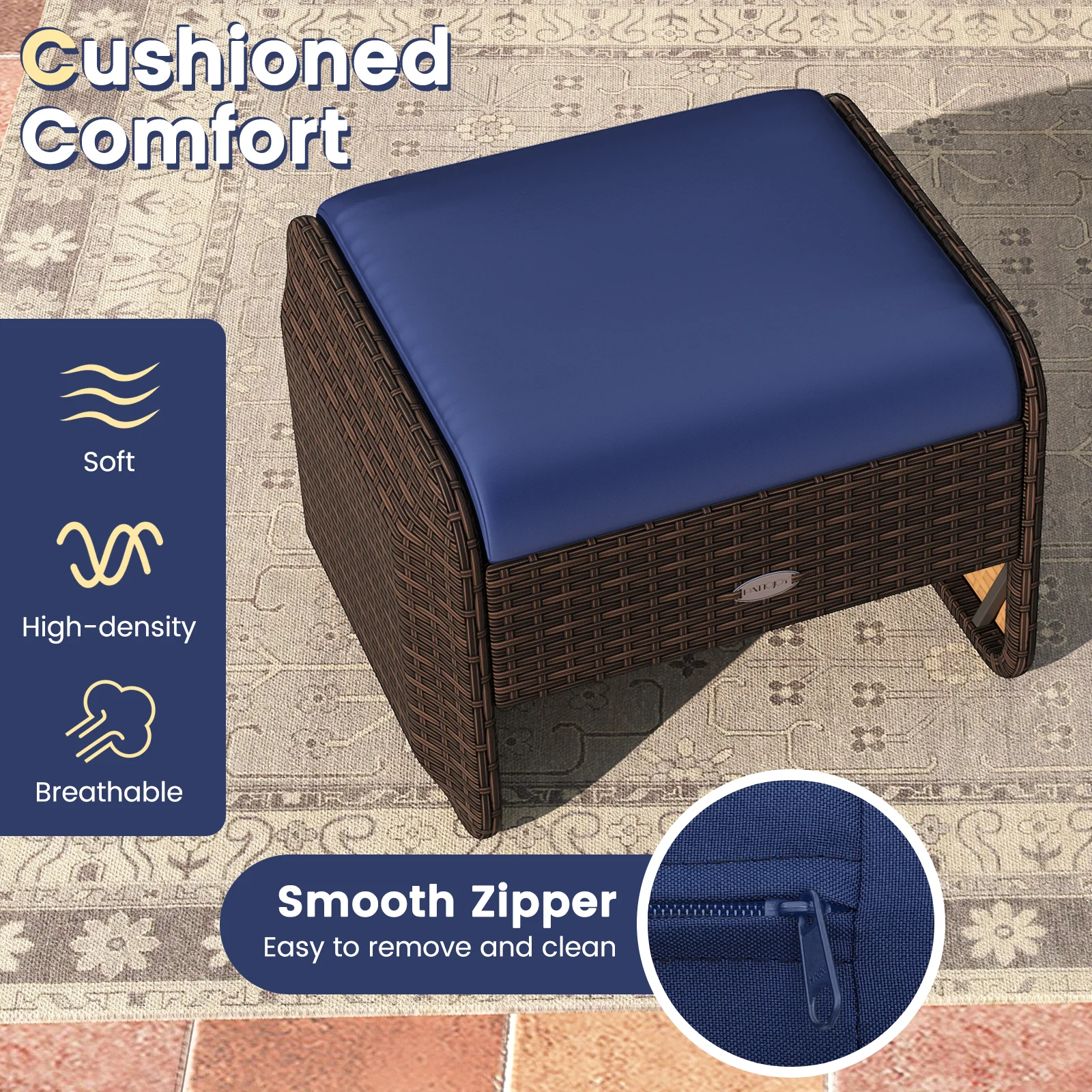 2 Outdoor PE Wicker Ottomans, Removable Cushions, Navy - Image 8