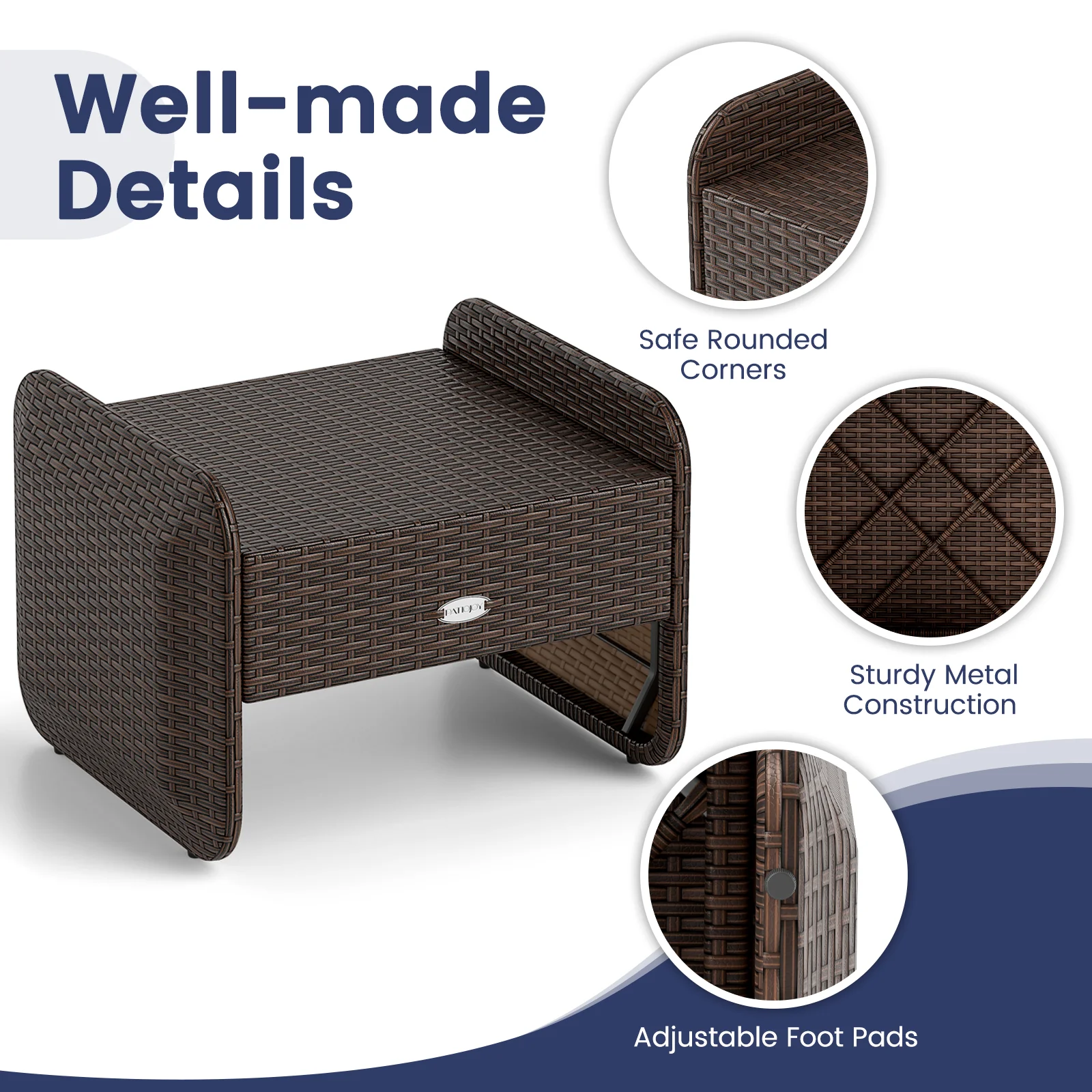 2 Outdoor PE Wicker Ottomans, Removable Cushions, Navy - Image 9