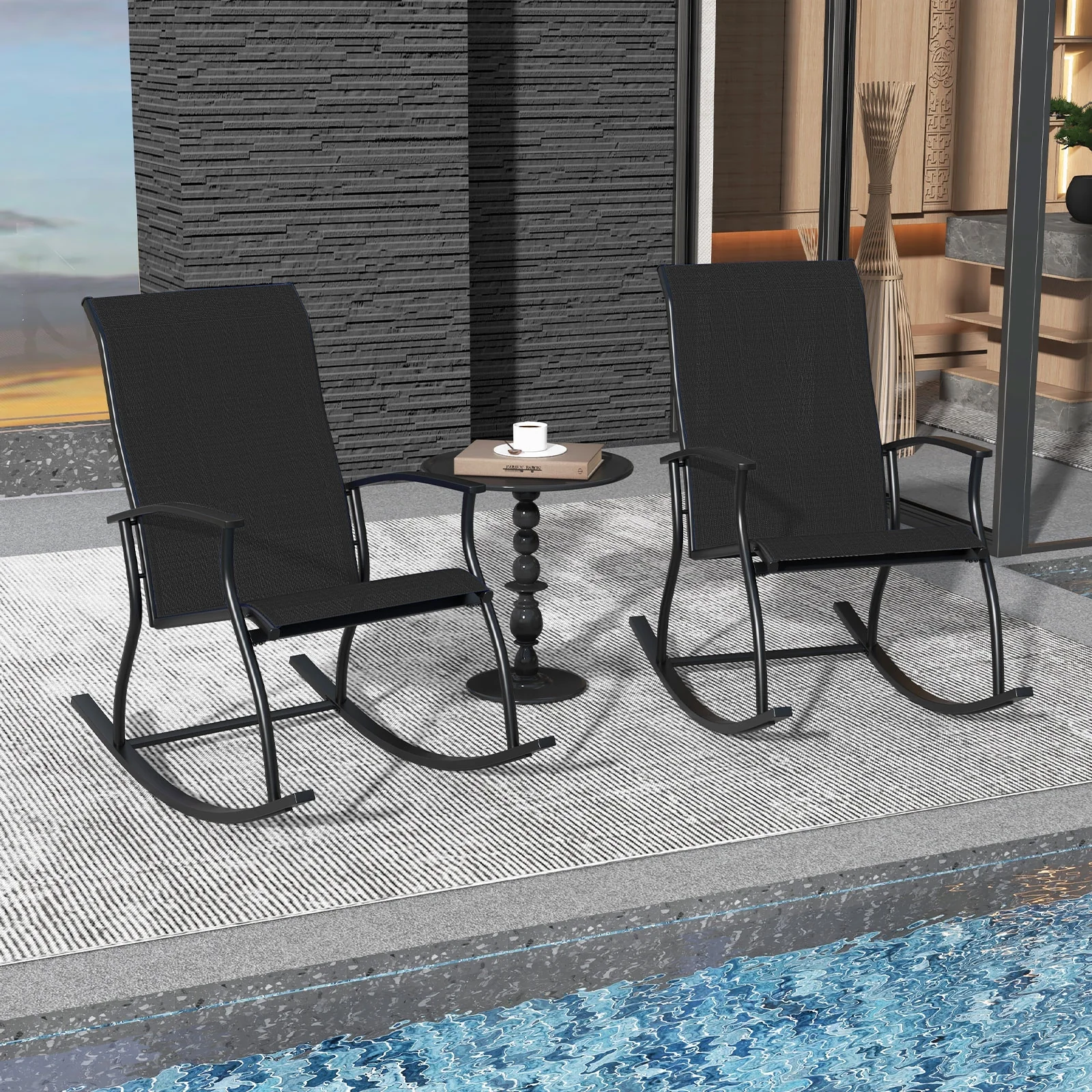2 Outdoor Rocking Chairs, Breathable Backrest, Black - Image 3