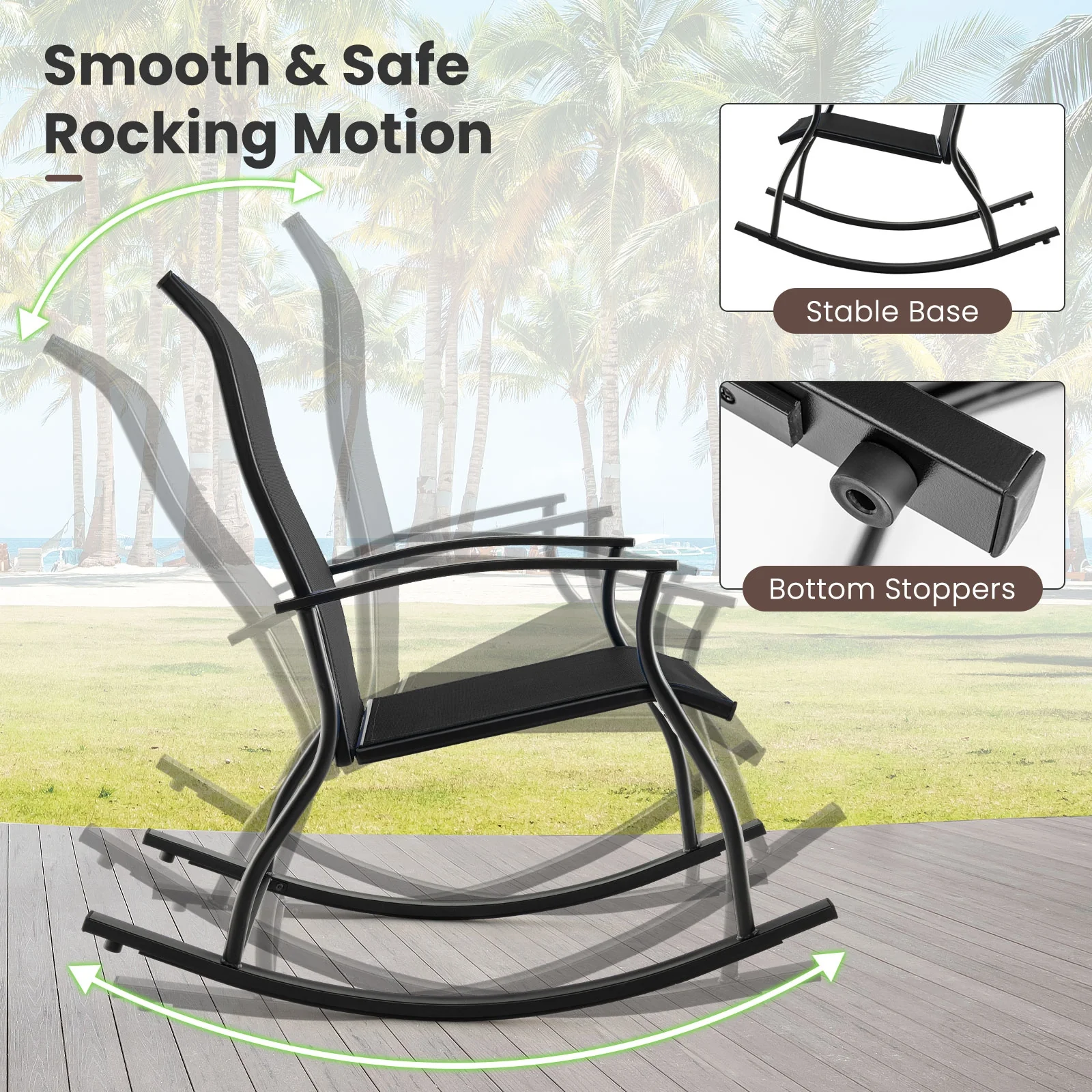 2 Outdoor Rocking Chairs, Breathable Backrest, Black - Image 6