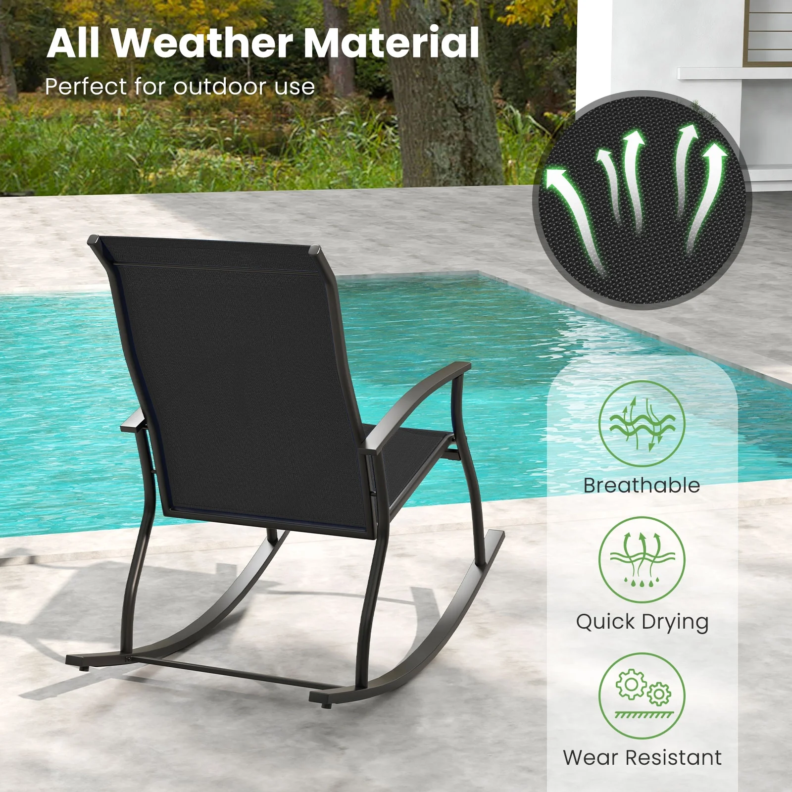 2 Outdoor Rocking Chairs, Breathable Backrest, Black - Image 9