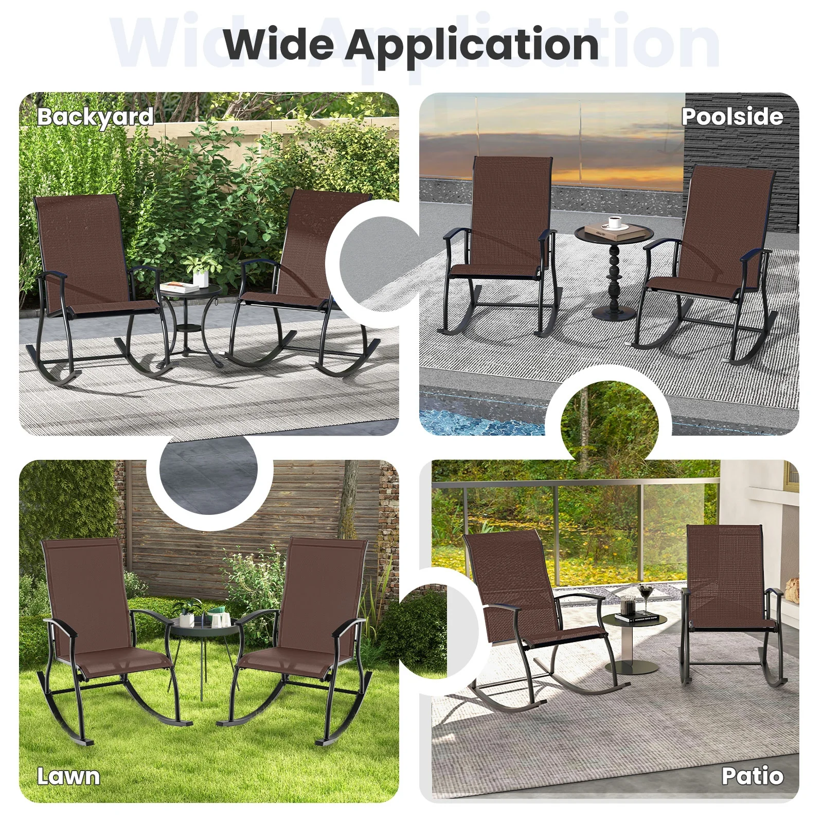 2 Outdoor Rocking Chairs, Breathable Backrest, Brown - Image 10
