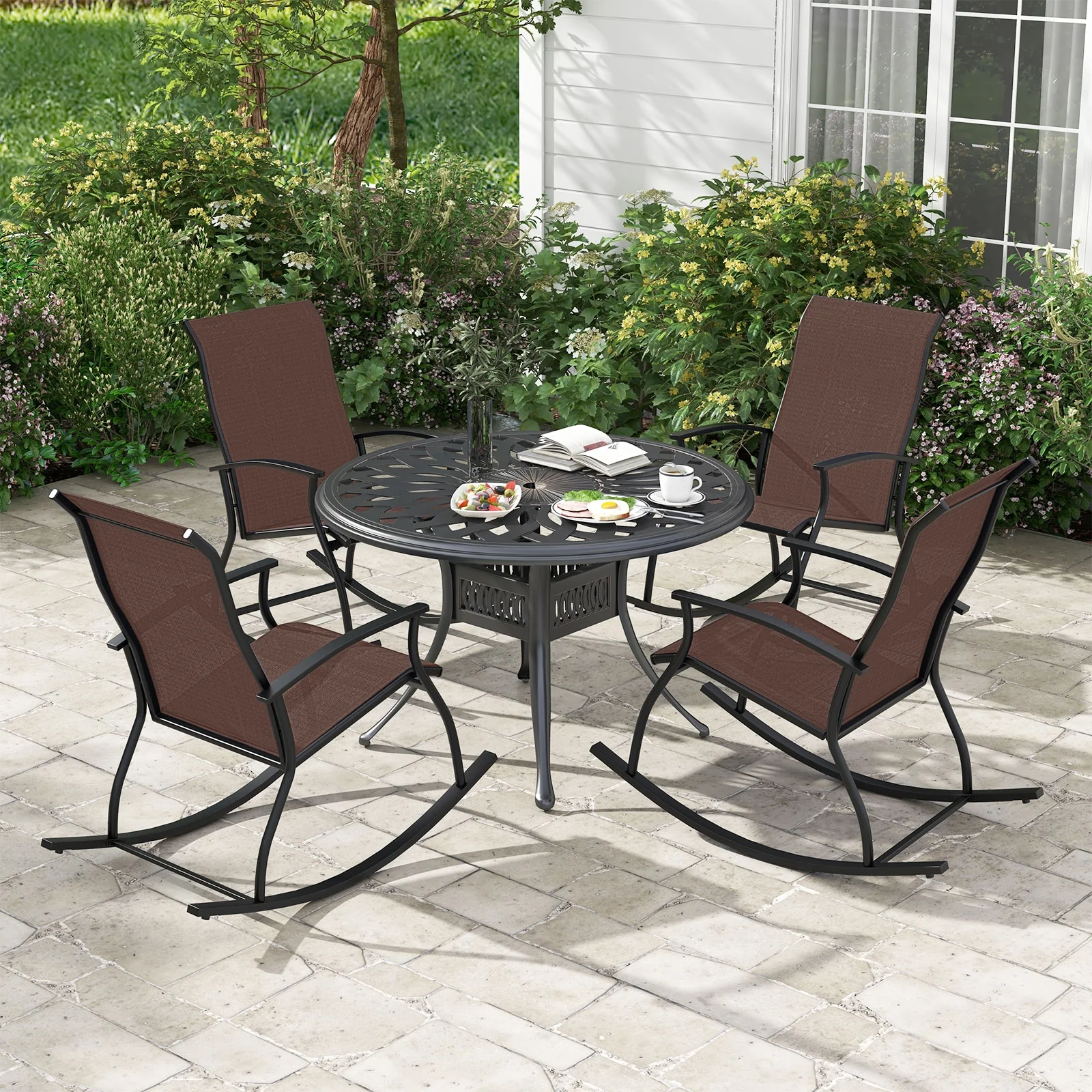2 Outdoor Rocking Chairs, Breathable Backrest, Brown - Image 2