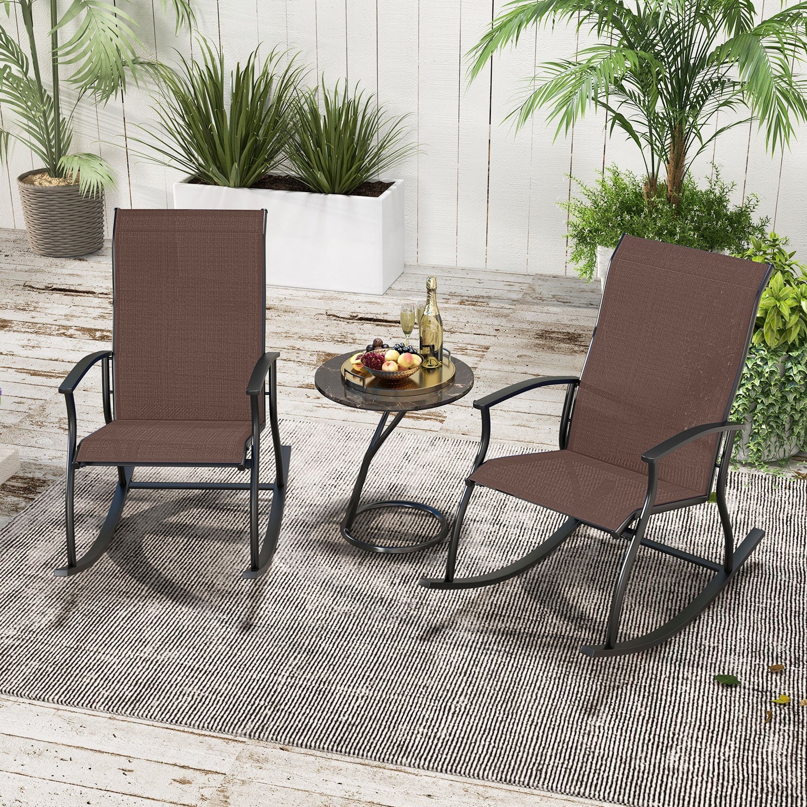 2 Outdoor Rocking Chairs, Breathable Backrest, Brown - Image 3