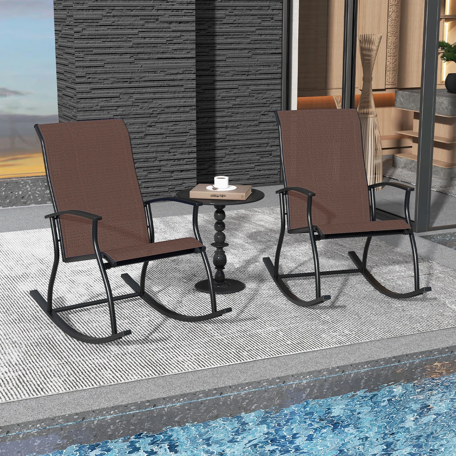 2 Outdoor Rocking Chairs, Breathable Backrest, Brown - Image 6
