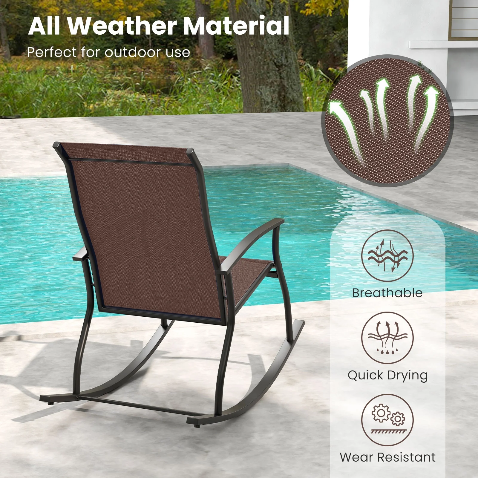2 Outdoor Rocking Chairs, Breathable Backrest, Brown - Image 7
