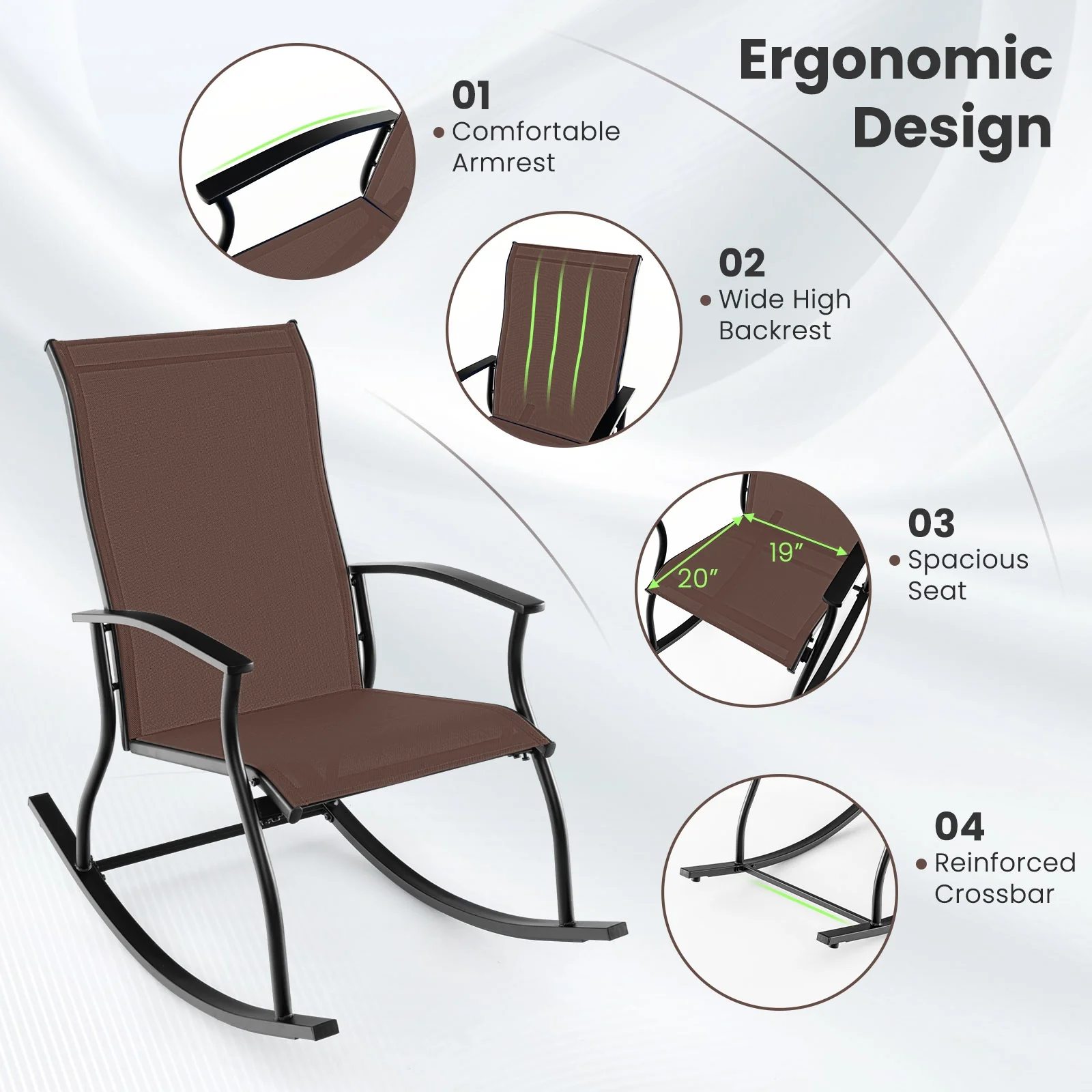 2 Outdoor Rocking Chairs, Breathable Backrest, Brown - Image 8