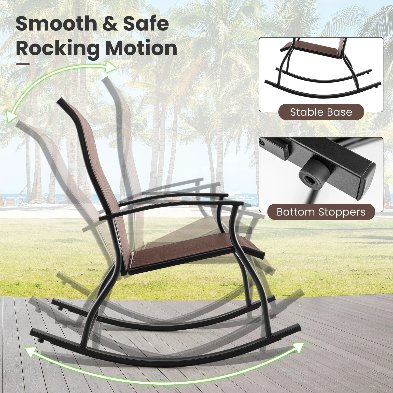 2 Outdoor Rocking Chairs, Breathable Backrest, Brown - Image 9