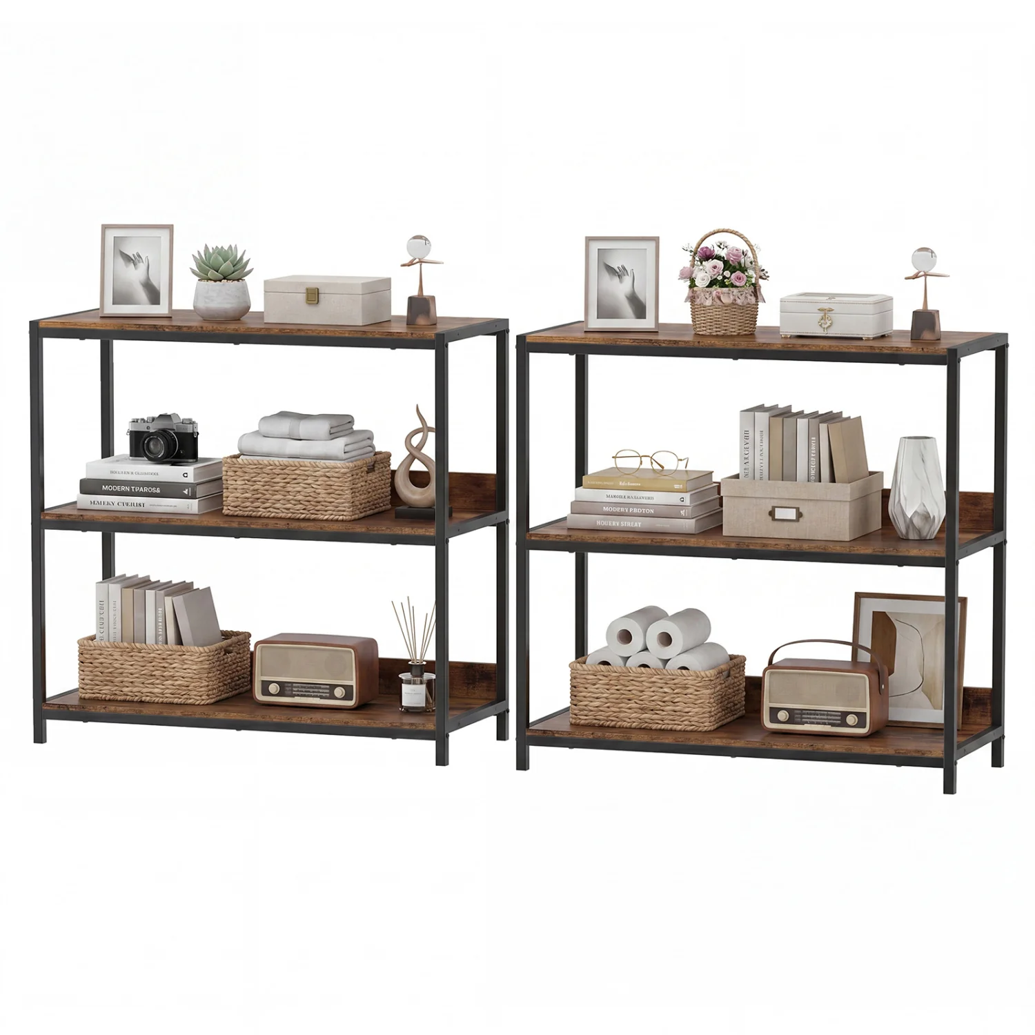 2-Pack 3-Tier Industrial Bookshelf, Metal Frame
